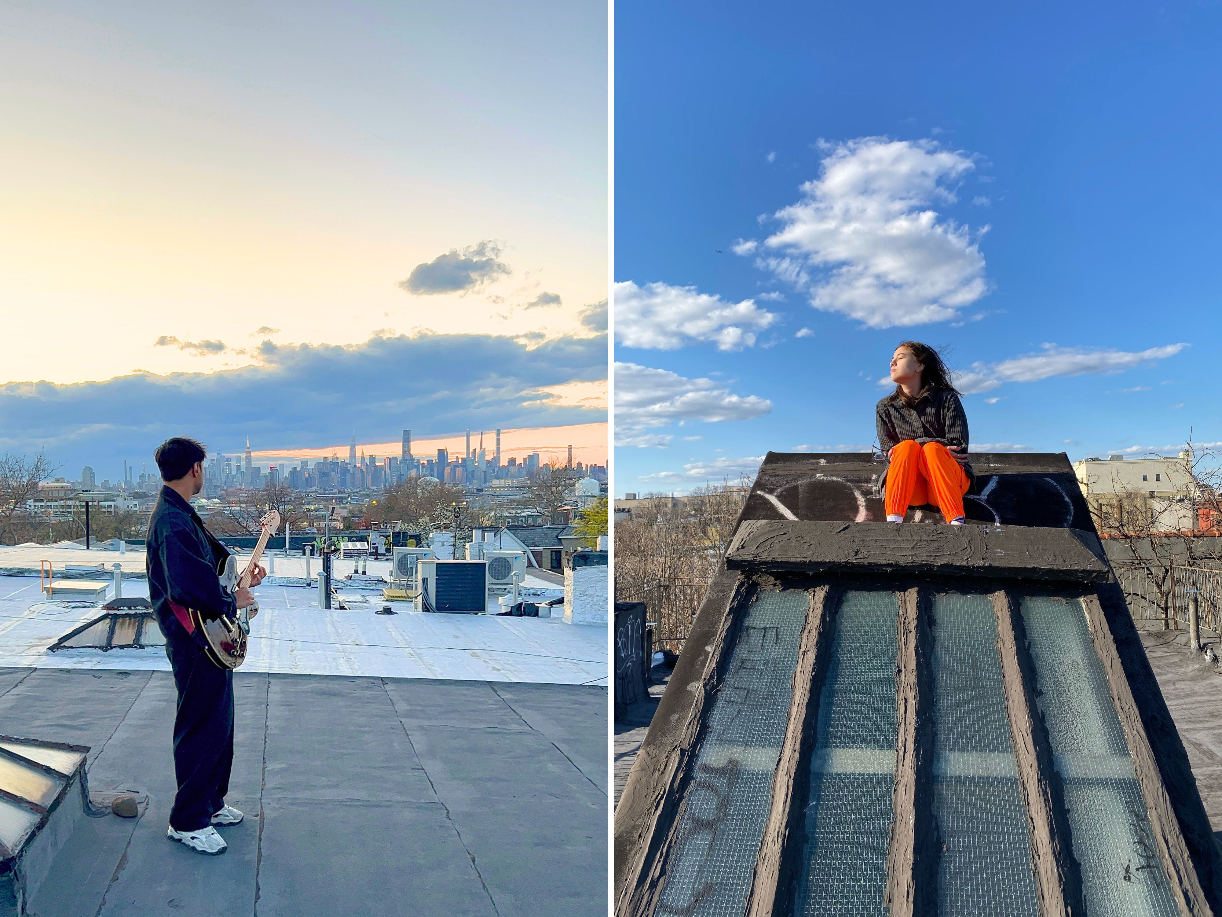 A composite image of a guitarist playing on a rooftop with a view of the Manhattan skyline in the background and the author perched on a rooftop enjoying the sun