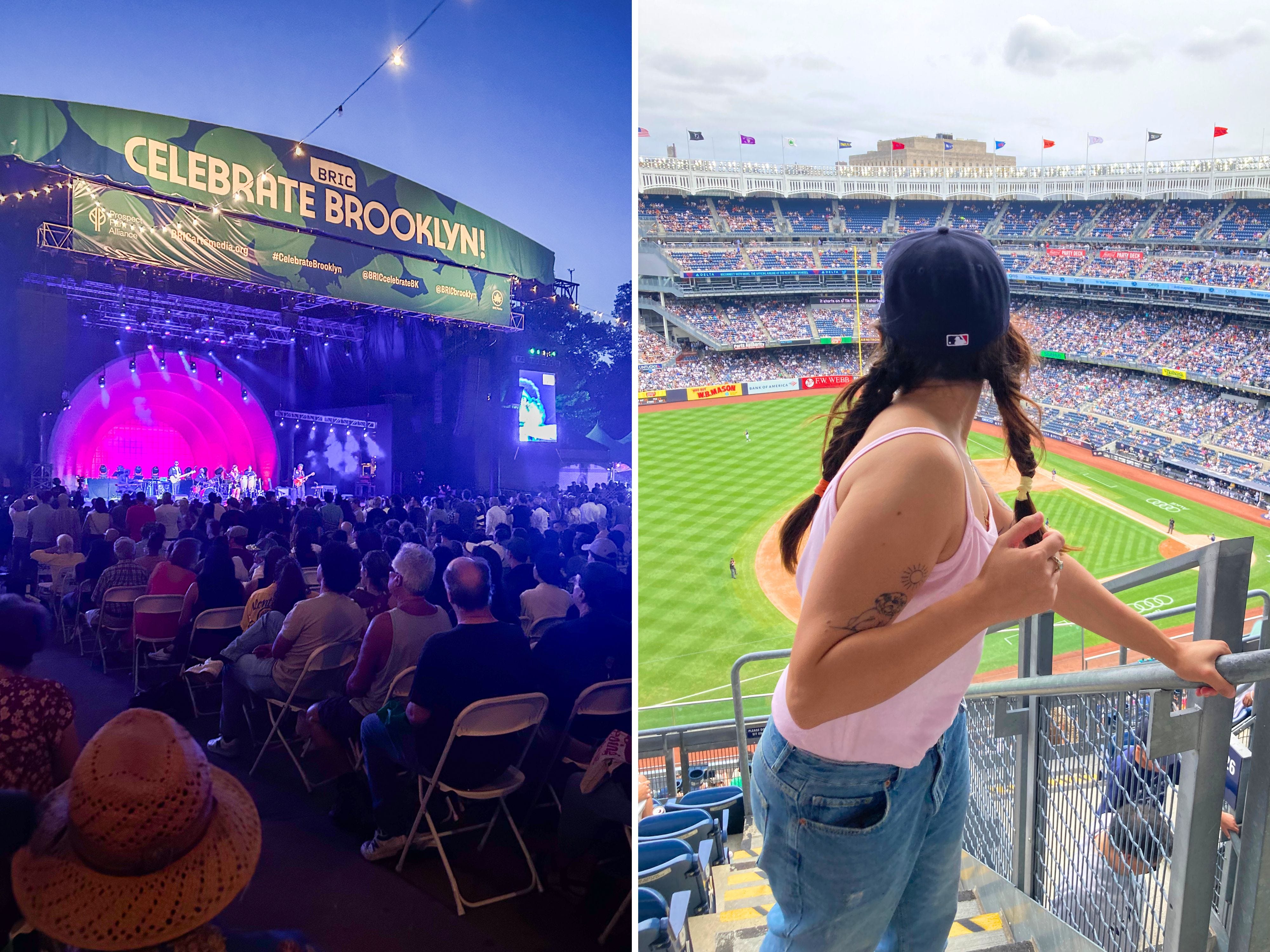 A composite image of an outdoor concert at night and the author standing and looking backward at the Yankees playing baseball at the stadium