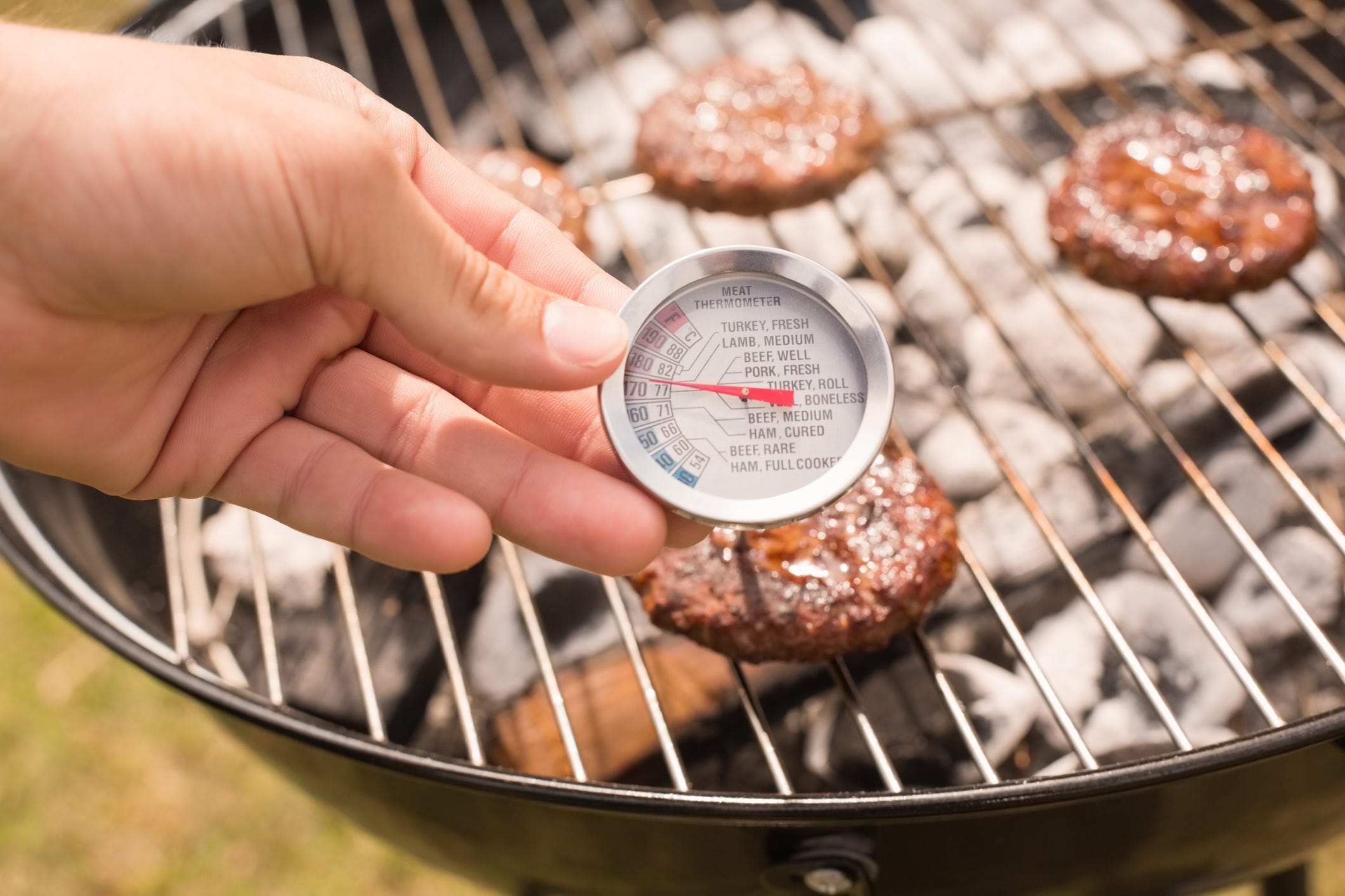 Man using meat thermometer while barbecuing on a sunny day