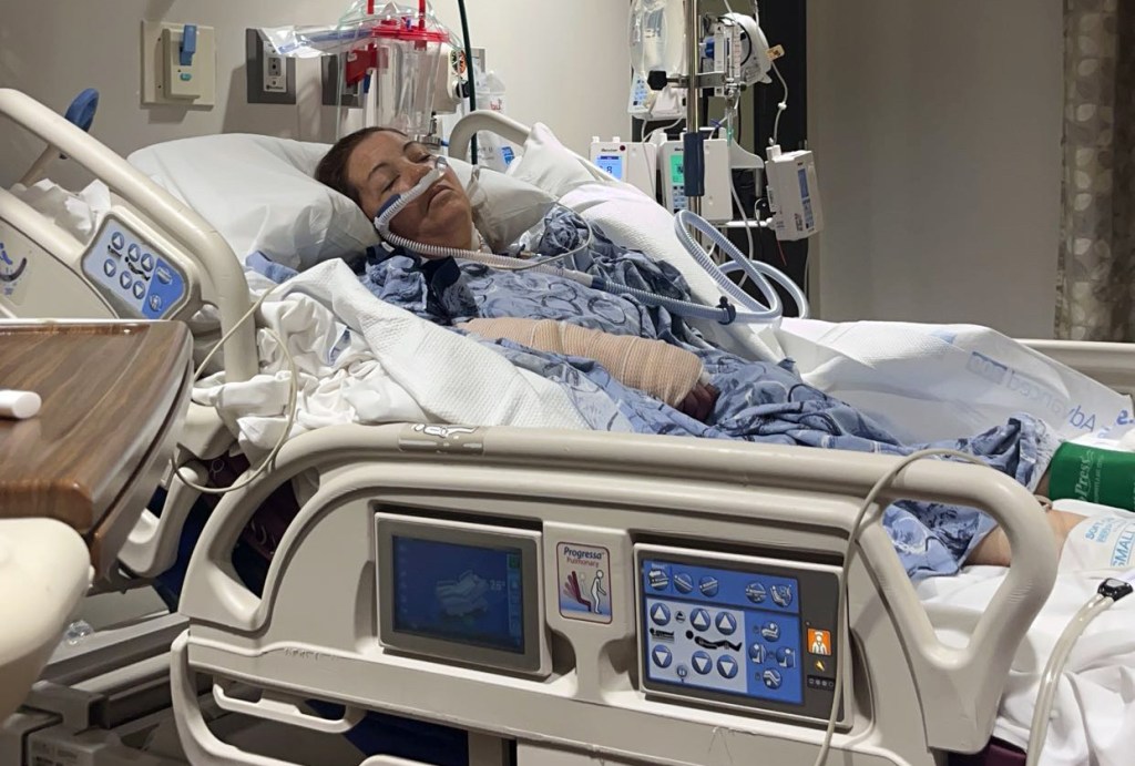 Woman in hospital bed after pit bull attack.