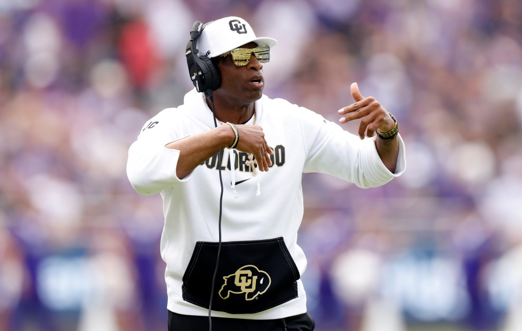 FORT WORTH, TX - SEPTEMBER 2: Head coach Deion Sanders of the Colorado Buffaloes calls a play against the TCU Horned Frogs during the first half at Amon G. Carter Stadium on September 2, 2023 in Fort Worth, Texas. (Photo by Ron Jenkins/Getty Images)
