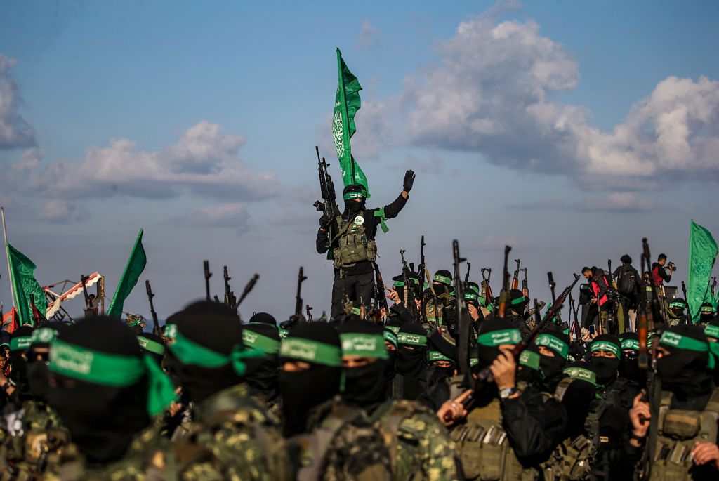 Hamas fighters in Gaza City after the release of Israeli hostages.