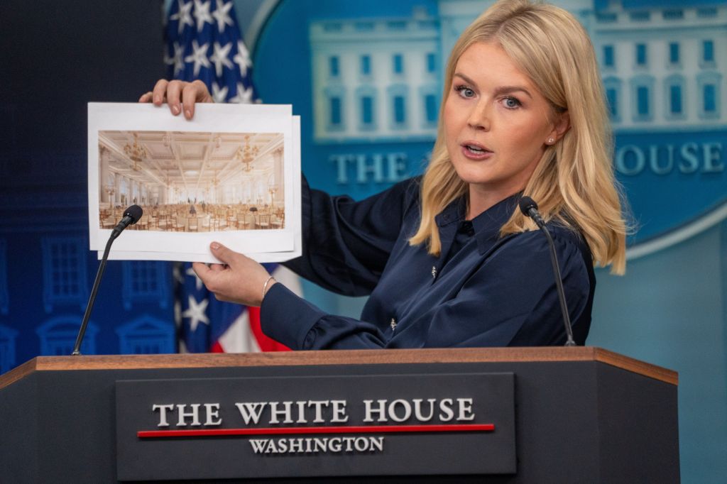 White House press secretary presenting renderings of a new state ballroom.
