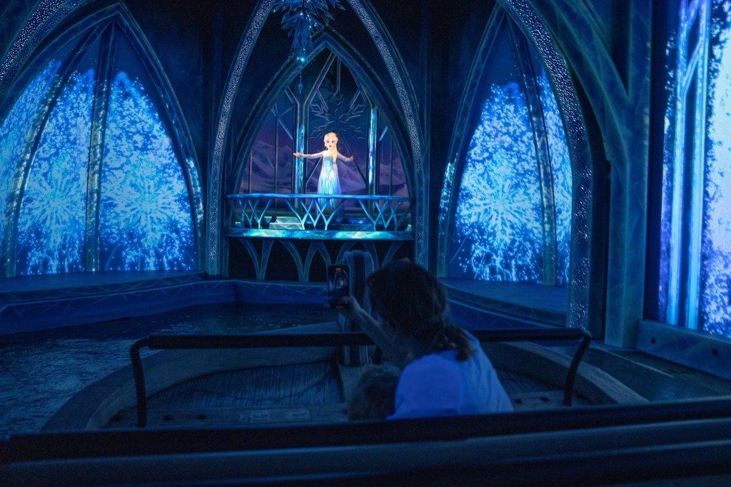 Elsa figurine on Frozen Ever After ride at Hong Kong Disneyland.