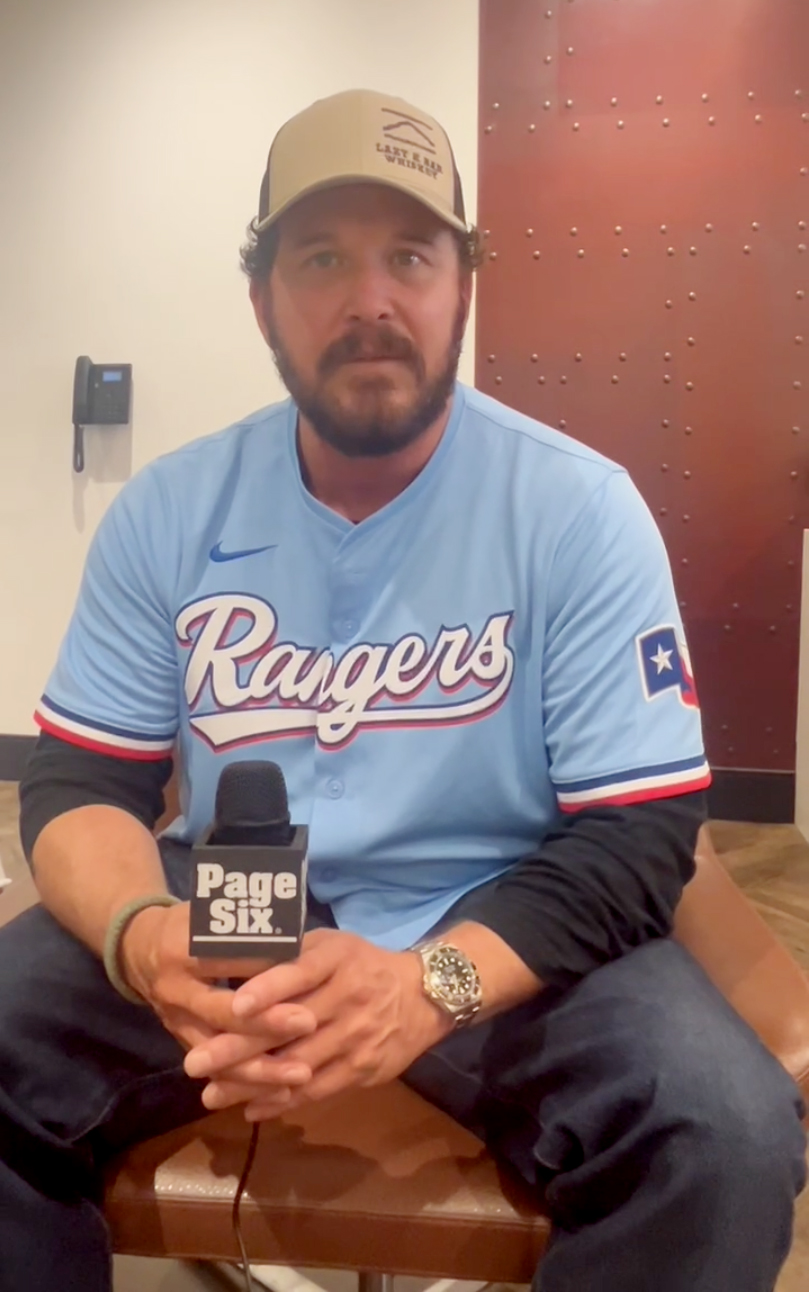 Cole Hauser in a Texas Rangers jersey