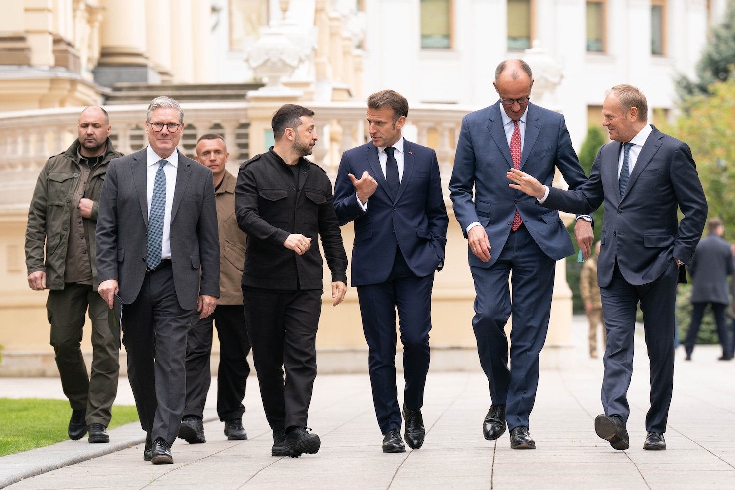 British Prime Minister Sir Keir Starmer, Ukrainian President Volodymyr Zelensky, French President Emmanuel Macron, German Chancellor Friedrich Merz and Poland's Prime Minister Donald Tusk at the Presidential Palace in Kyiv, Ukraine where they held a meeting of the so-called 