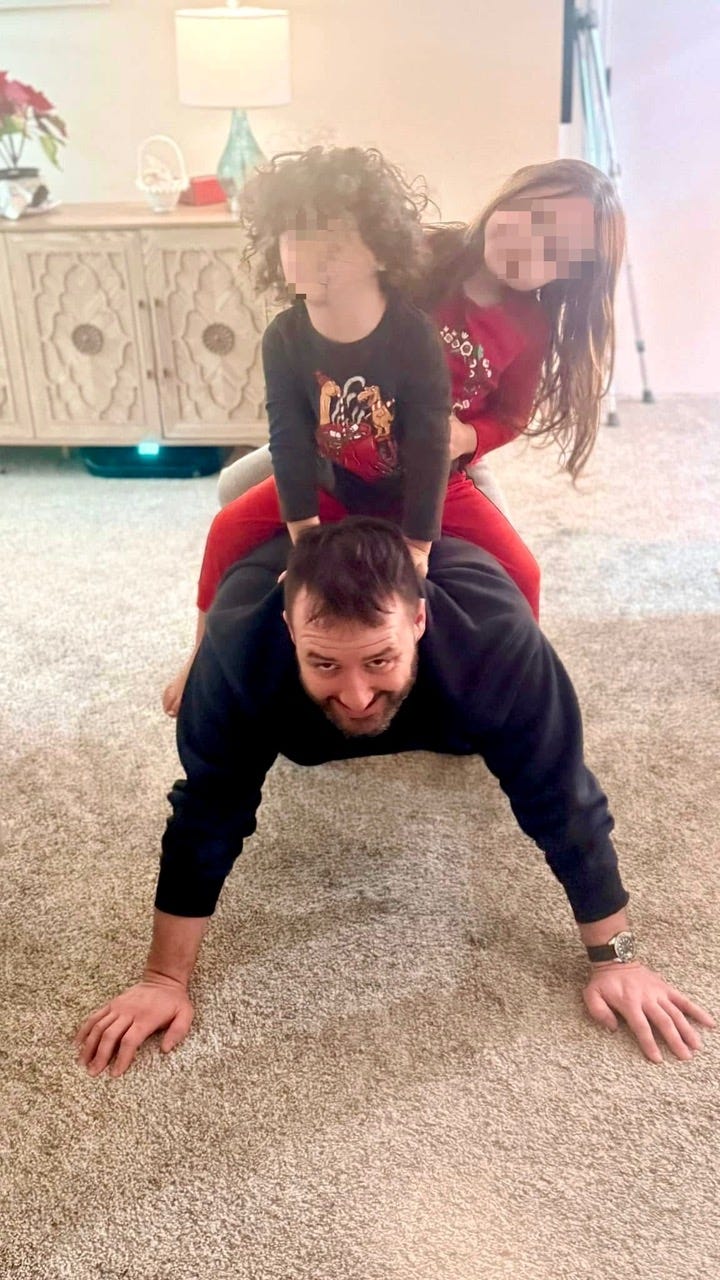 Trevor Gebhardt playing horse with his niece and nephew at his parents's house in December 2024