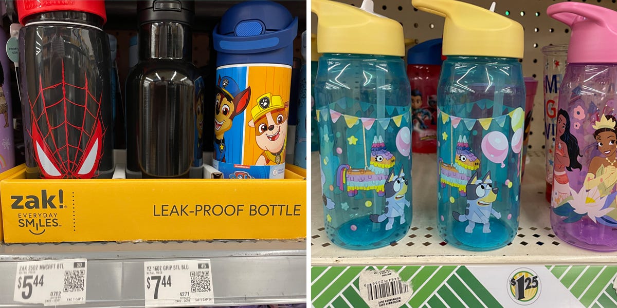 Composite of shelf of kids' water bottles at Walmart for $5.44, $7.44 next to image of water bottles at Dollar Tree for $1.25