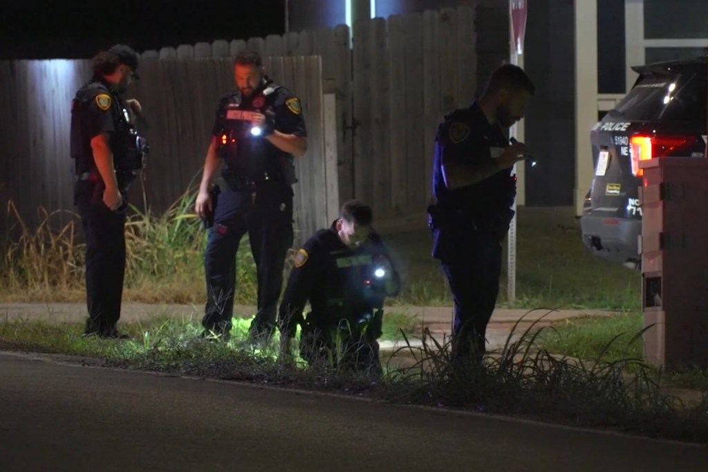 Police officers investigating a crime scene at night.