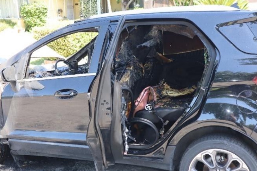 Burned-out car interior.