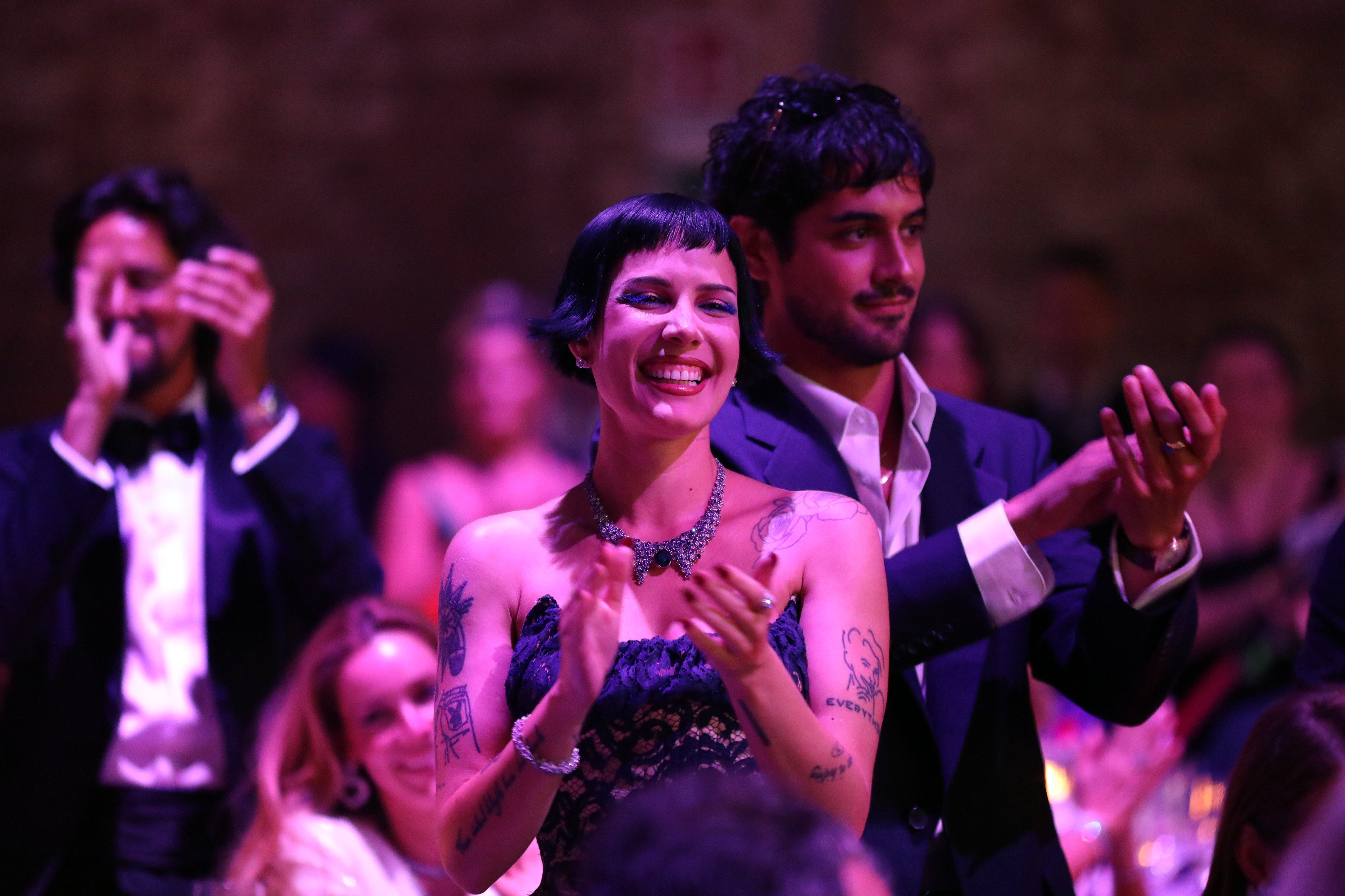 Halsey and Avan Jogia attend the amfAR Gala Venezia 2025 presented by World Gold Council