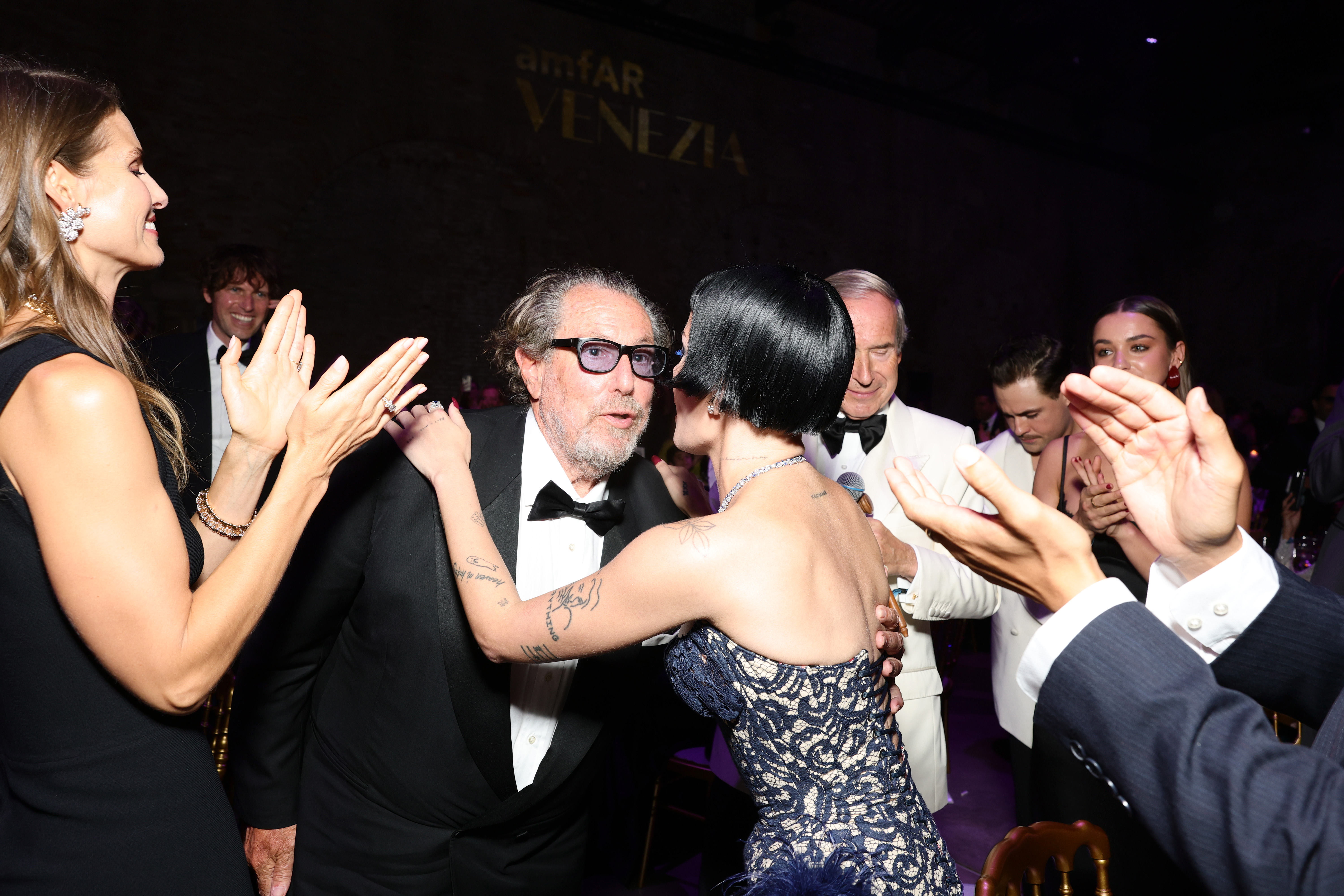 Louise Kugelberg, Julian Schnabel, and Halsey attend the amfAR Gala Venezia 2025 presented by World Gold Council