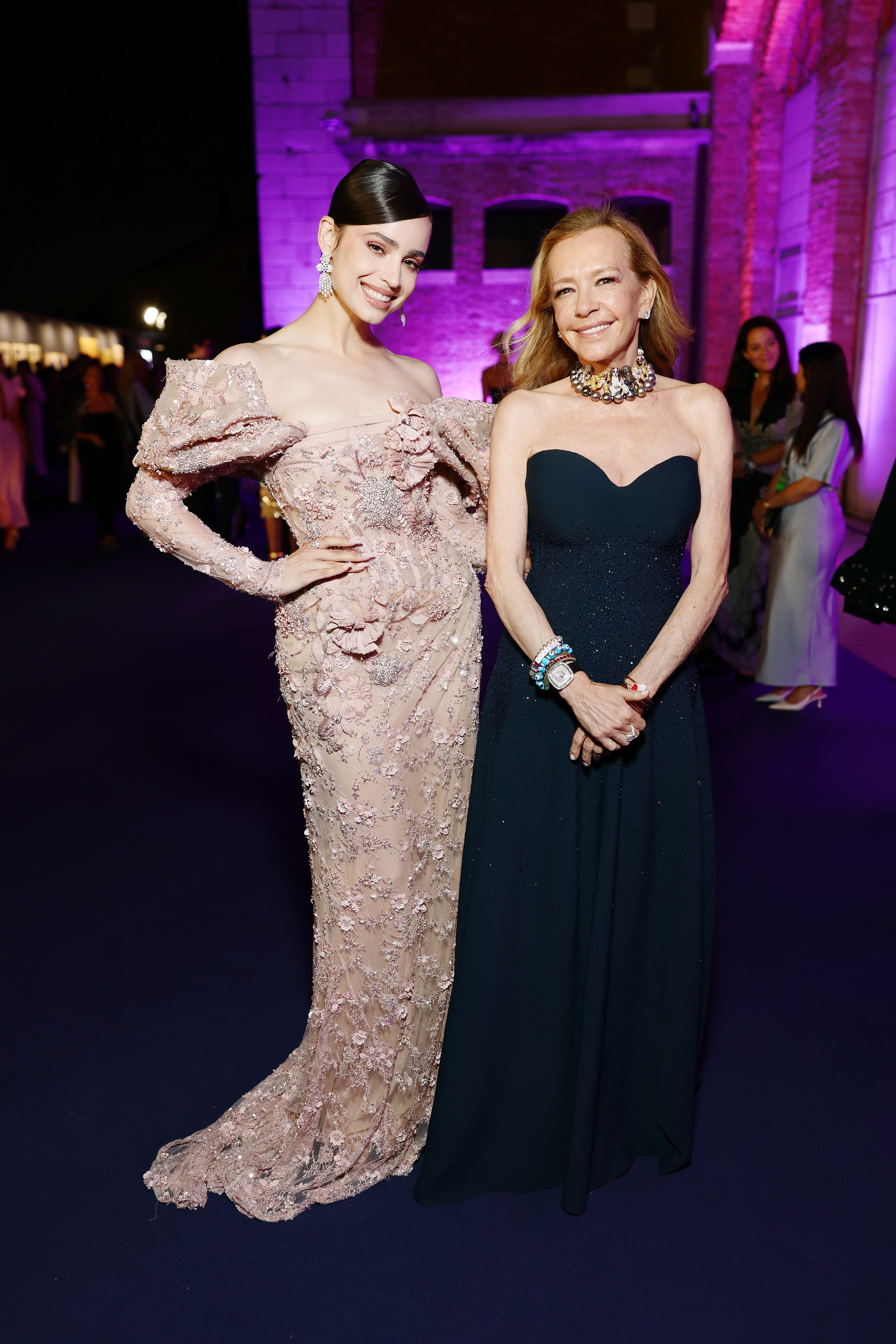 Sofia Carson and Caroline Scheufele attend the amfAR Gala Venezia 2025 presented by World Gold Council