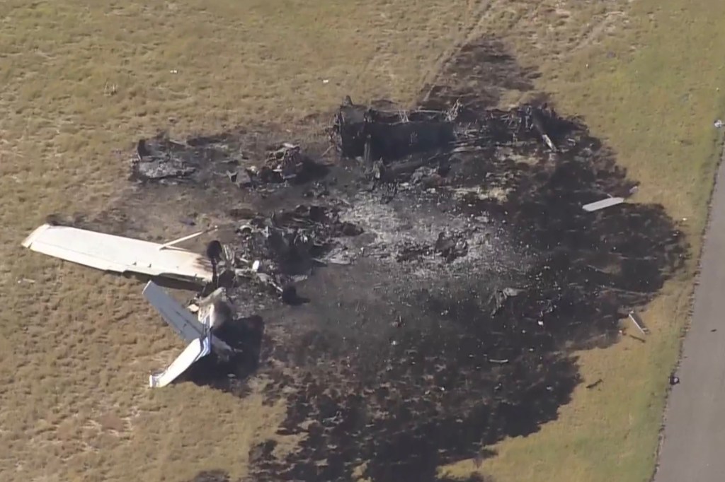 Burned plane wreckage in a field.