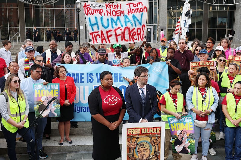 Simon Sandoval-Moshenberg (R), the attorney for Kilmar Abrego Garcia speaks to members of the media alongside Lydia Walther Rodríguez (L) of CASA, outside a U.S. Immigration and Customs Enforcement (ICE) field office on August 25, 2025 in Baltimore, Maryland. Three days after being released, Garcia has been detained again, as the U.S. Government is threatening to deport Garcia, a Maryland construction worker from El Salvador, to Uganda after he rejected a plea deal to be charged with Human Smuggling and deported to Costa Rica. Earlier this year Garcia was wrongfully deported to a notorious anti-terrorism prison CECOT in El Salvador. (Photo by Anna Moneymaker/Getty Images)