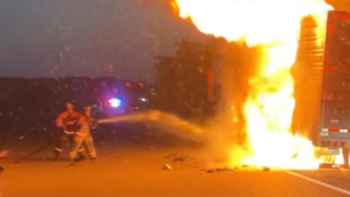 20 tons of ribeye steaks go up in flames on side of highway in tractor trailer fire