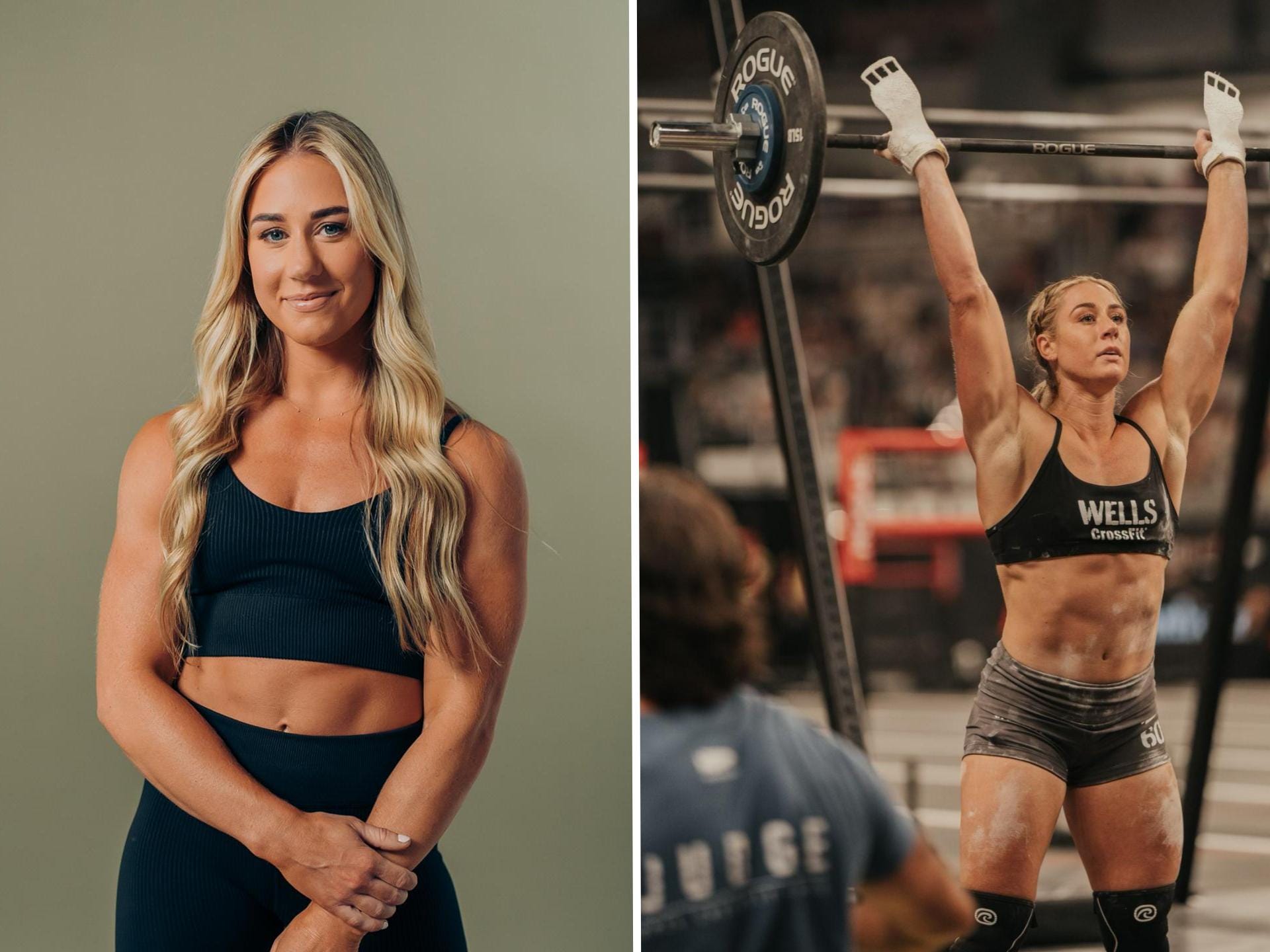 A split image showing a professional headshot of athlete and businesswoman Brooke Wells in a black athletic top and leggings next to an image of her lifting a barbell overhead at the CrossFit Games