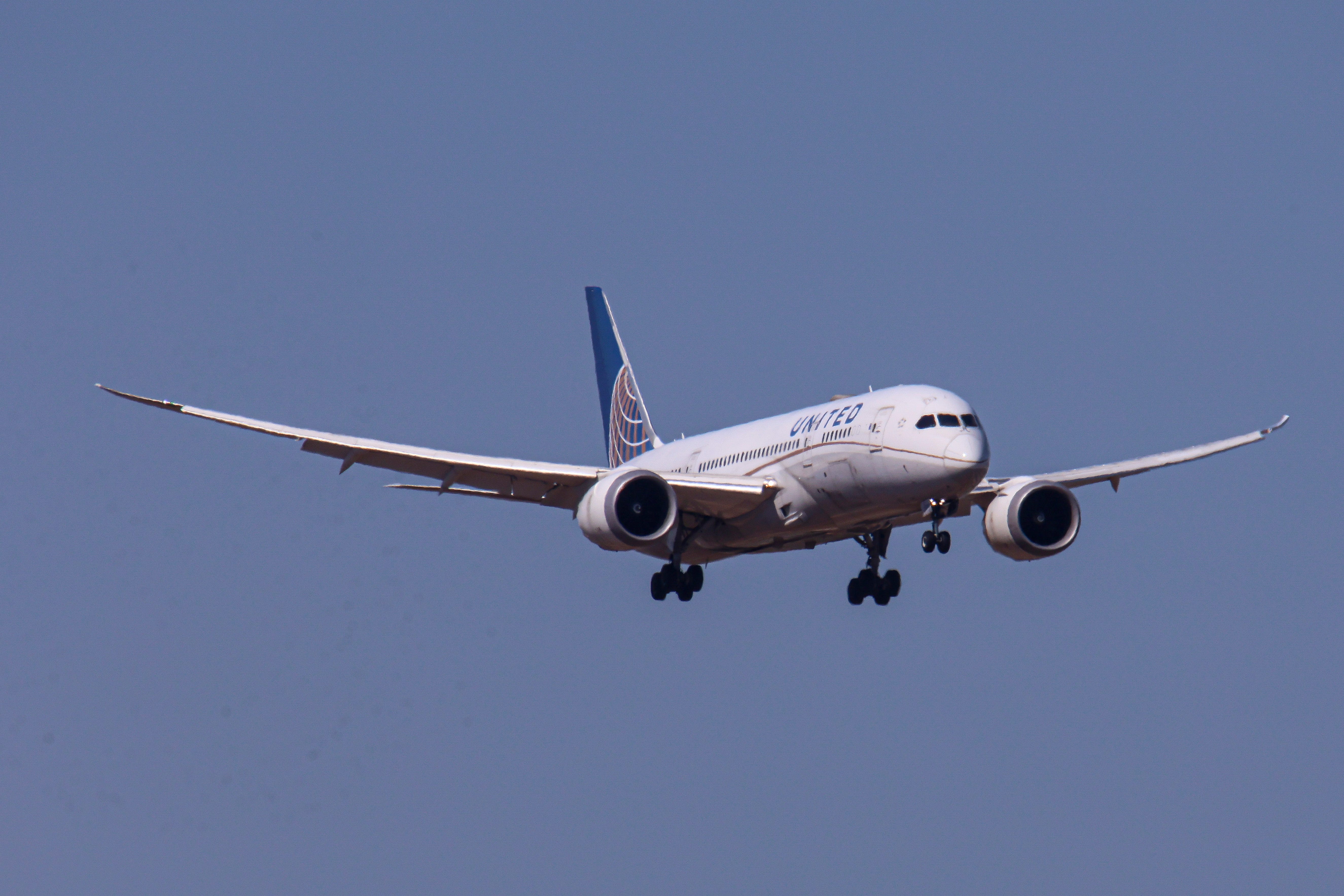 United Airlines Boeing 787-8 Dreamliner passenger aircraft spotted flying on final approach for landing at the runway of Athens International Airport ATH Eleftherios Venizelos at the Greek capital.