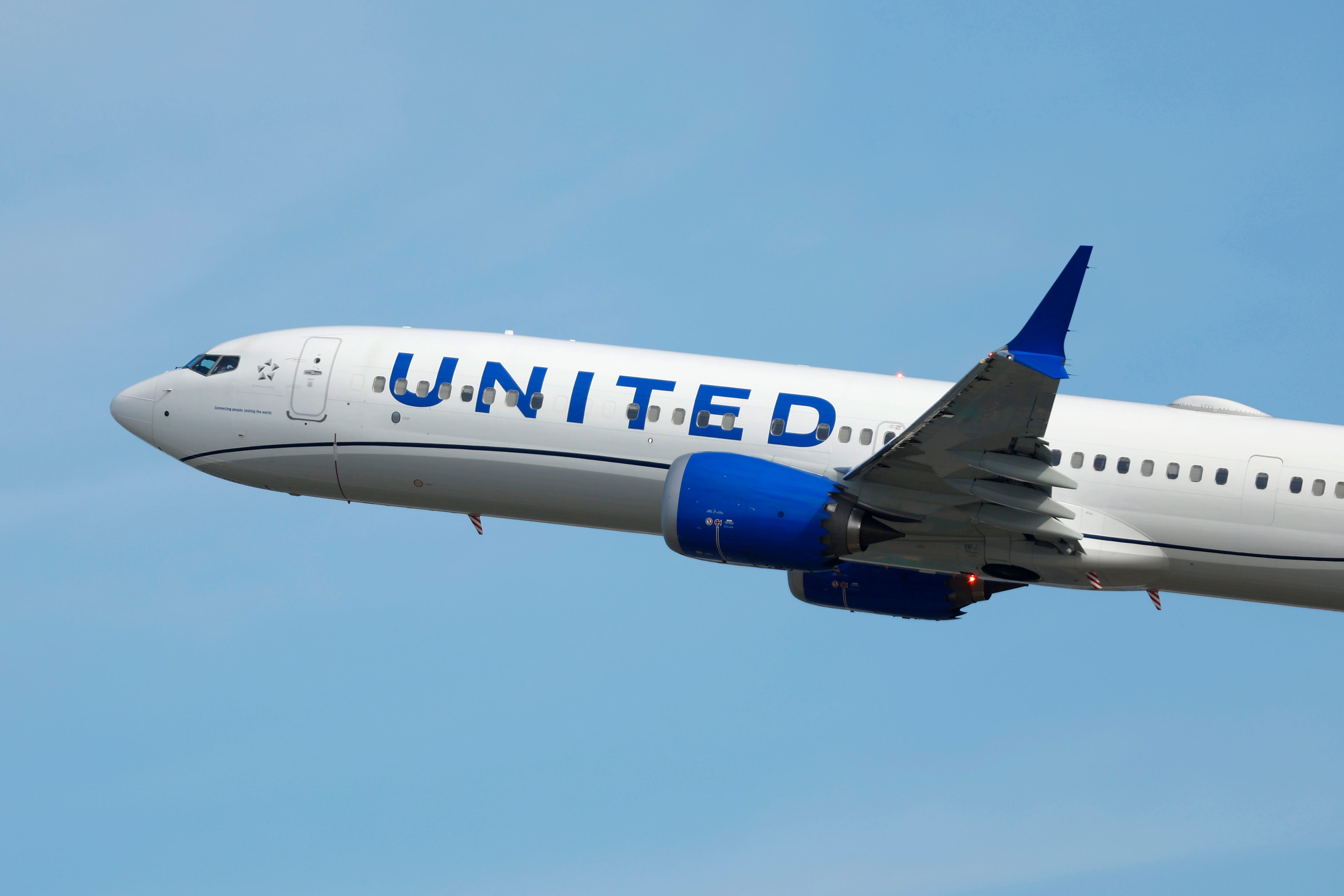 A United Airlines Boeing 737 MAX 8 airplane departs from Los Angeles International Airport en route to Baltimore on March 30, 2025 in Los Angeles, California.