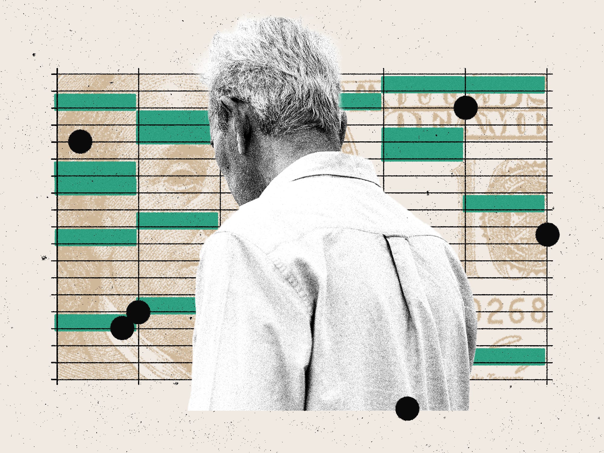 Photo collage of a boomer overlaying a spreadsheet