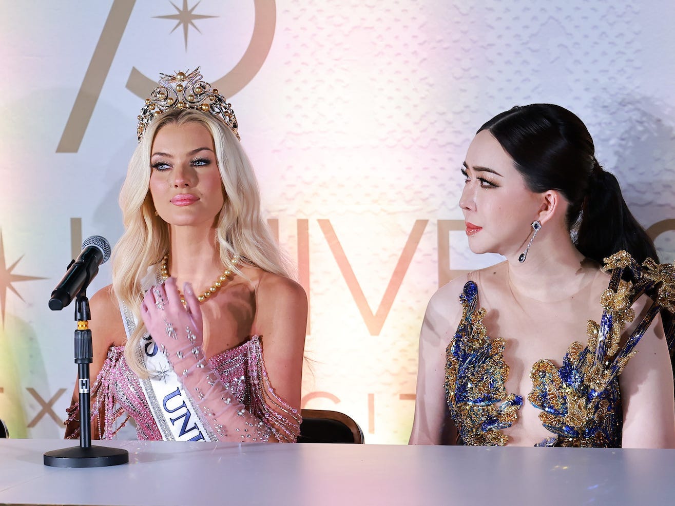 Raul Rocha and Anne Jakrajutatip with the Miss Universe 2024 winner, Victoria Kjær Theilvig.