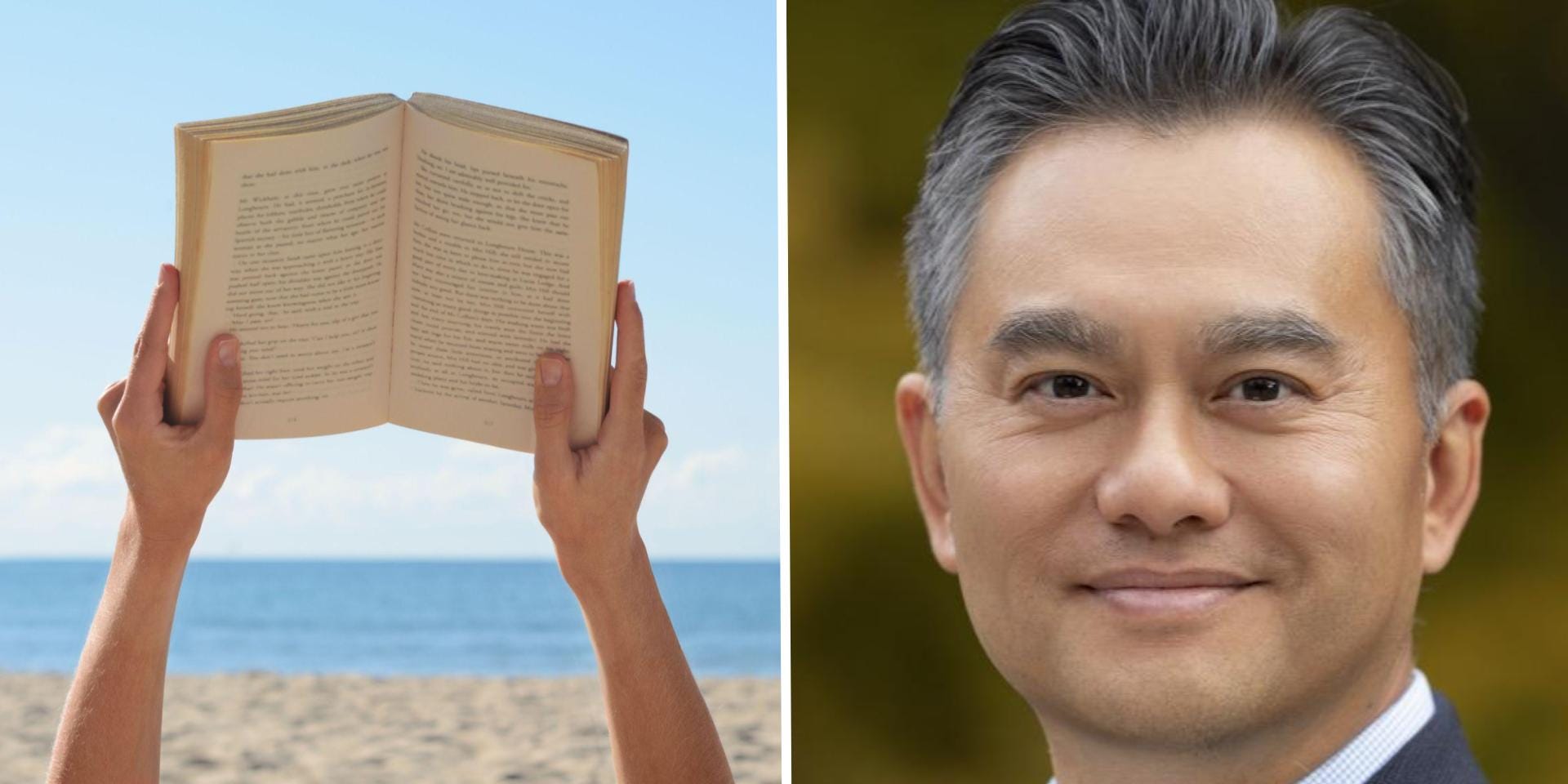 A composite image. On the left, a person reads on the beach. On the right, a man in a suit smiles at the camera.
