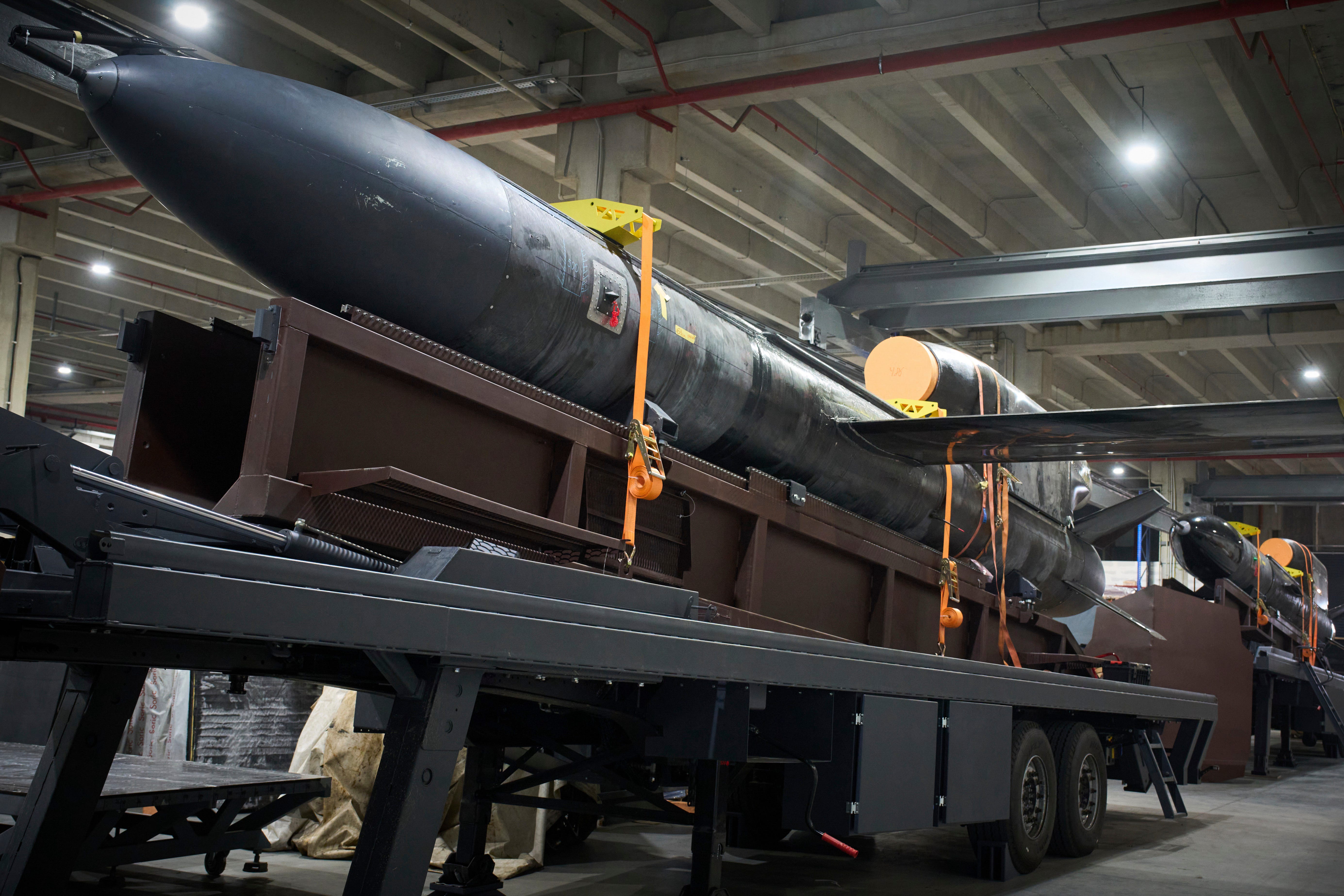 Ukrainian-made long-range missiles are seen at one of the country's defense manufacturers in an undisclosed location in Ukraine.