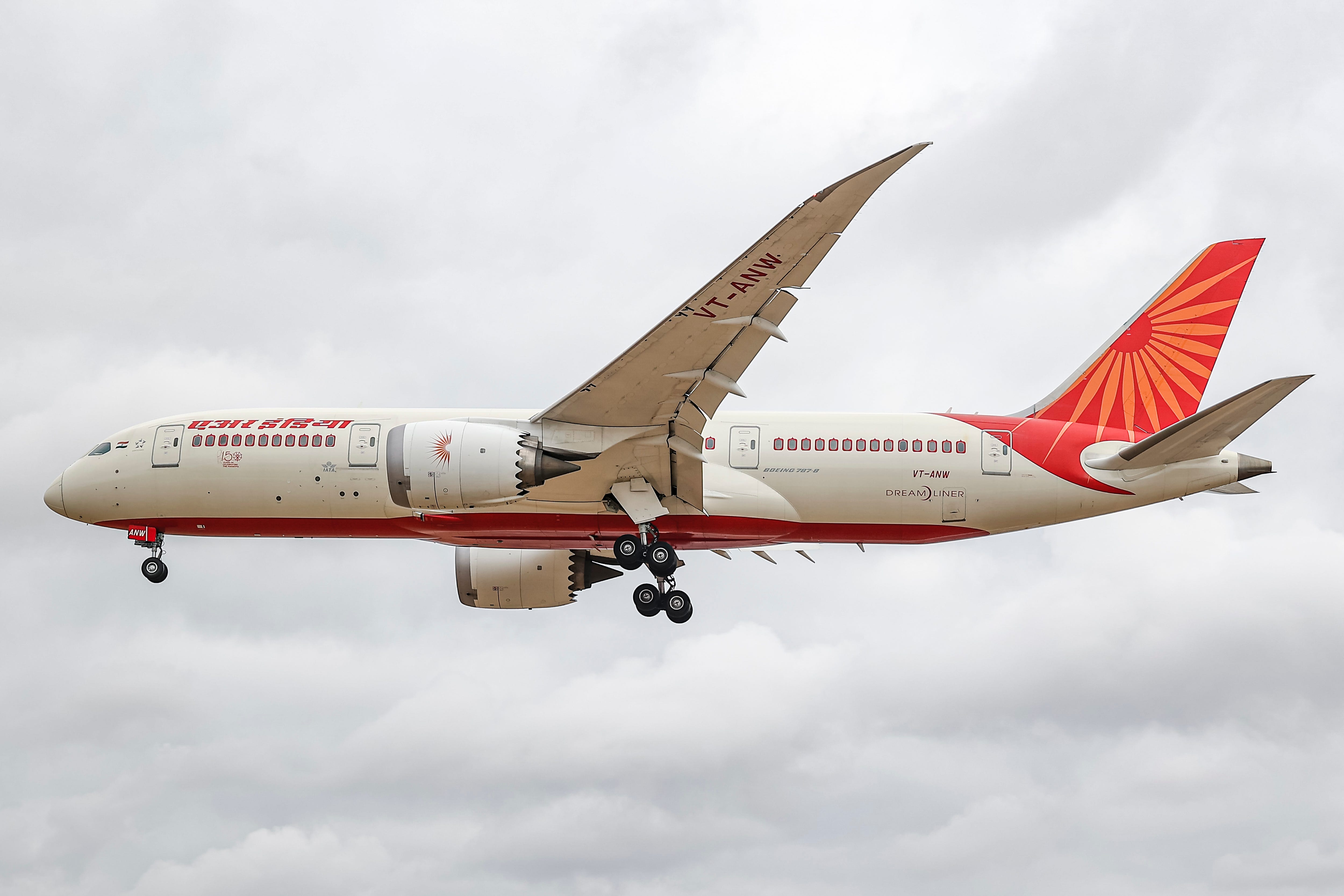 Air India Boeing 787 Dreamliner aircraft as seen on final approach flying for landing at London Heathrow airport