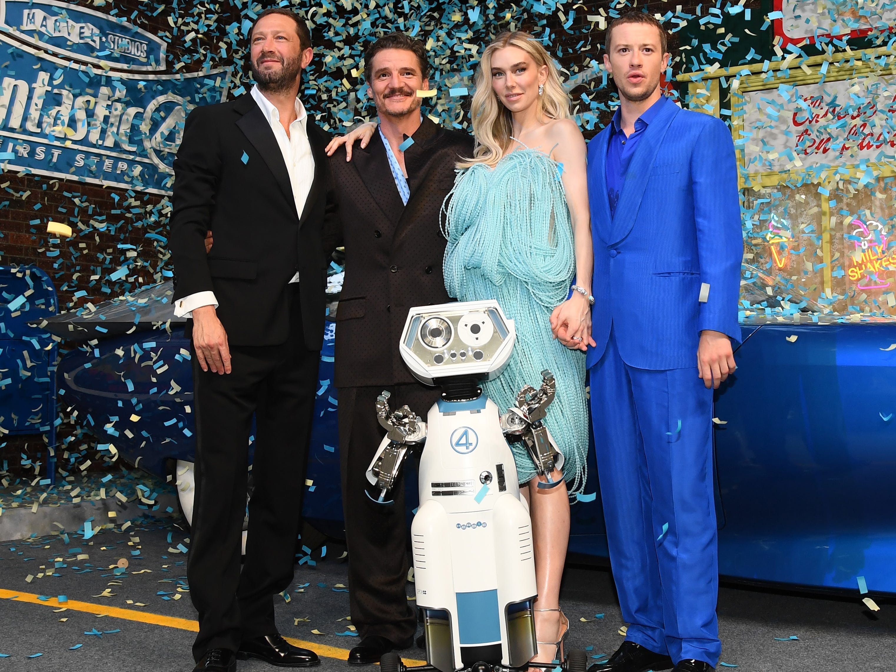 Ebon Moss-Bachrach, Pedro Pascal, Vanessa Kirby and Joseph Quinn attend "The Fantastic Four: First Steps" UK Launch Event at the BFI IMAX Waterloo on July 10, 2025 in London, England