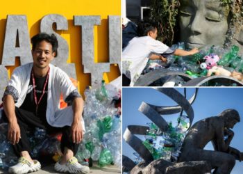 Artist drowns sculpture in plastic waste in front of UN office during pollution talks