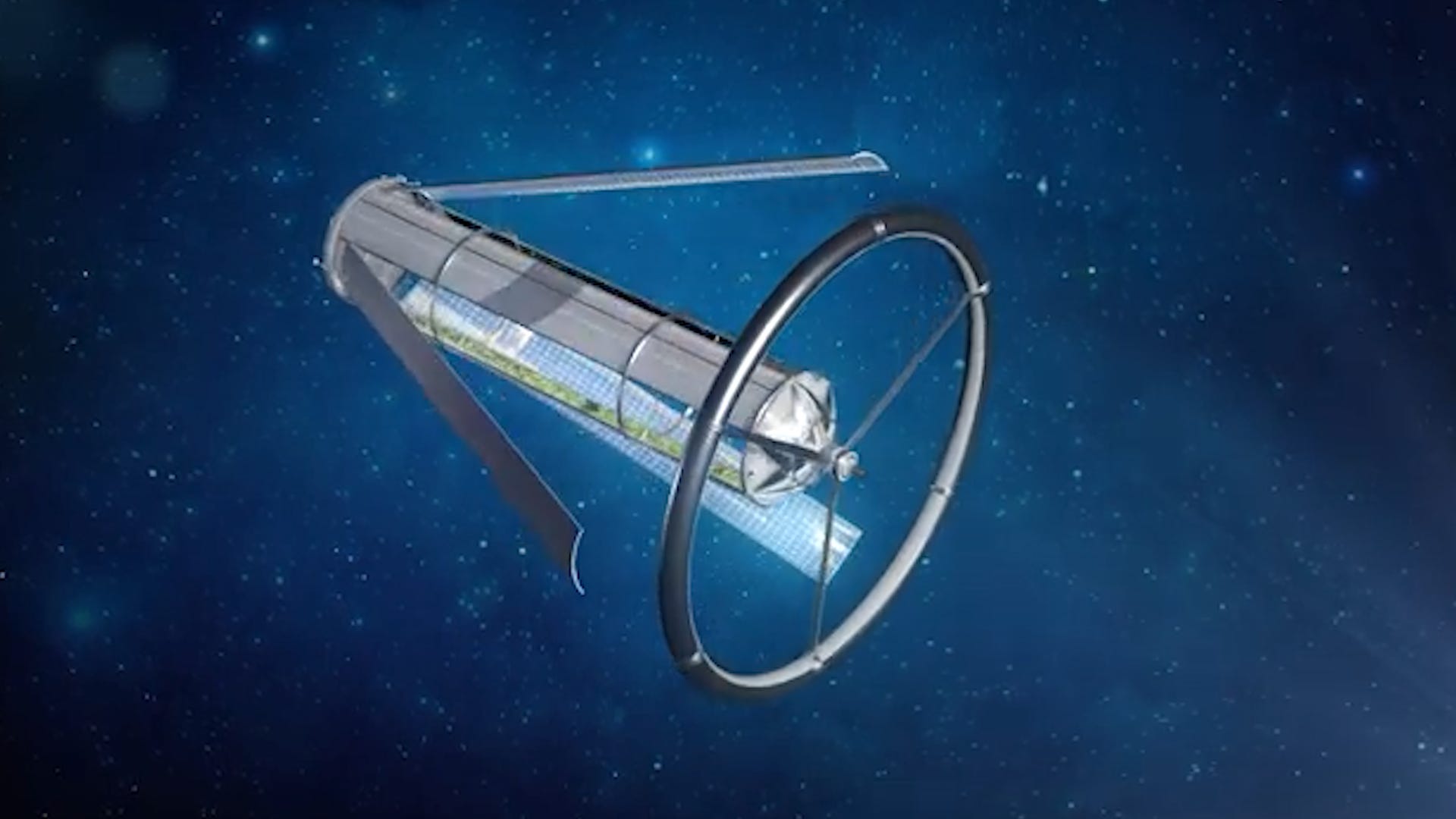 illustartion of an ONeill Cylinder, a giant space station floating in free space