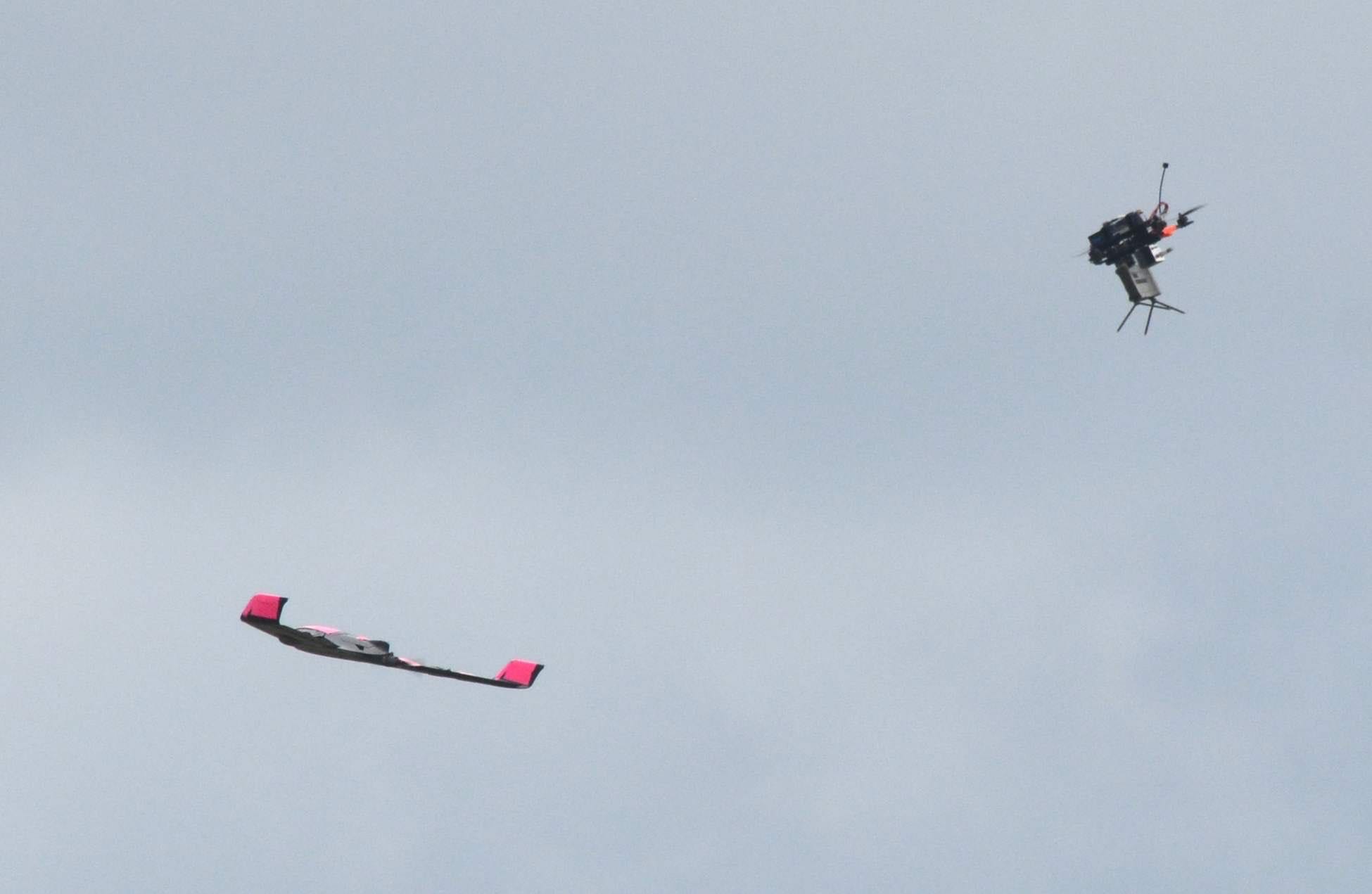 A fixed-wing drone flies in the bottom left corner of the picture, and a first-person view drone flies in the top right. The sky is cloudy and grey.