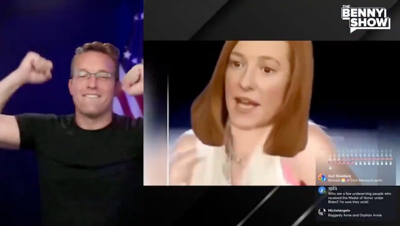Benny Johnson dancing to a Jen Psaki meme on his YouTube show.