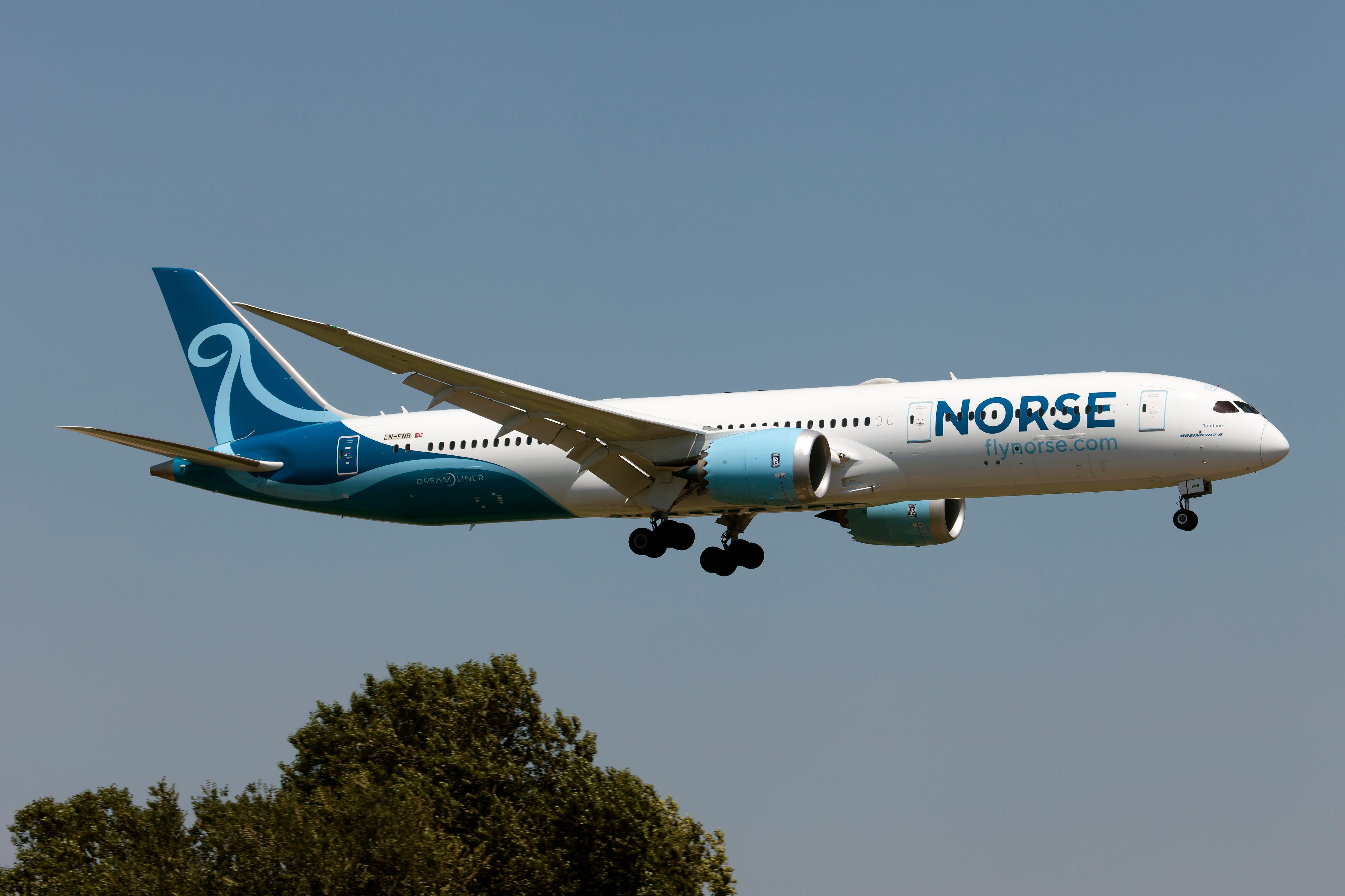 A Norse Atlantic Airways Boeing 787-9 Dreamliner landing at Rome Fiumicino airport
