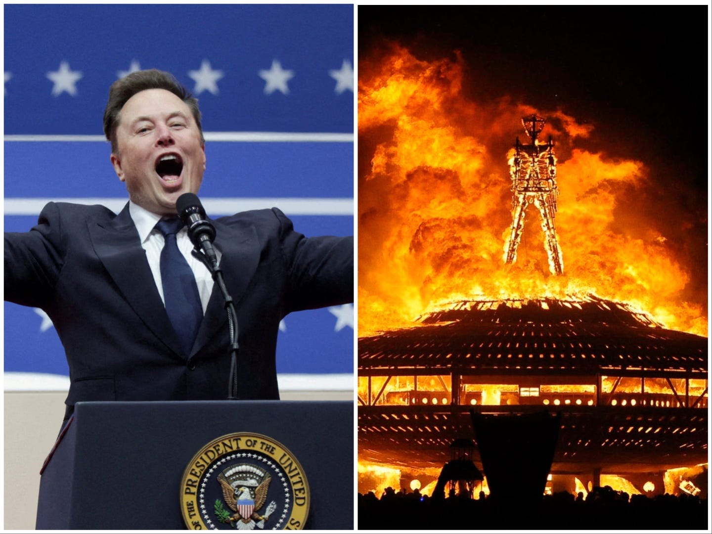 Composite image of Elon Musk and Burning Man sculpture on fire