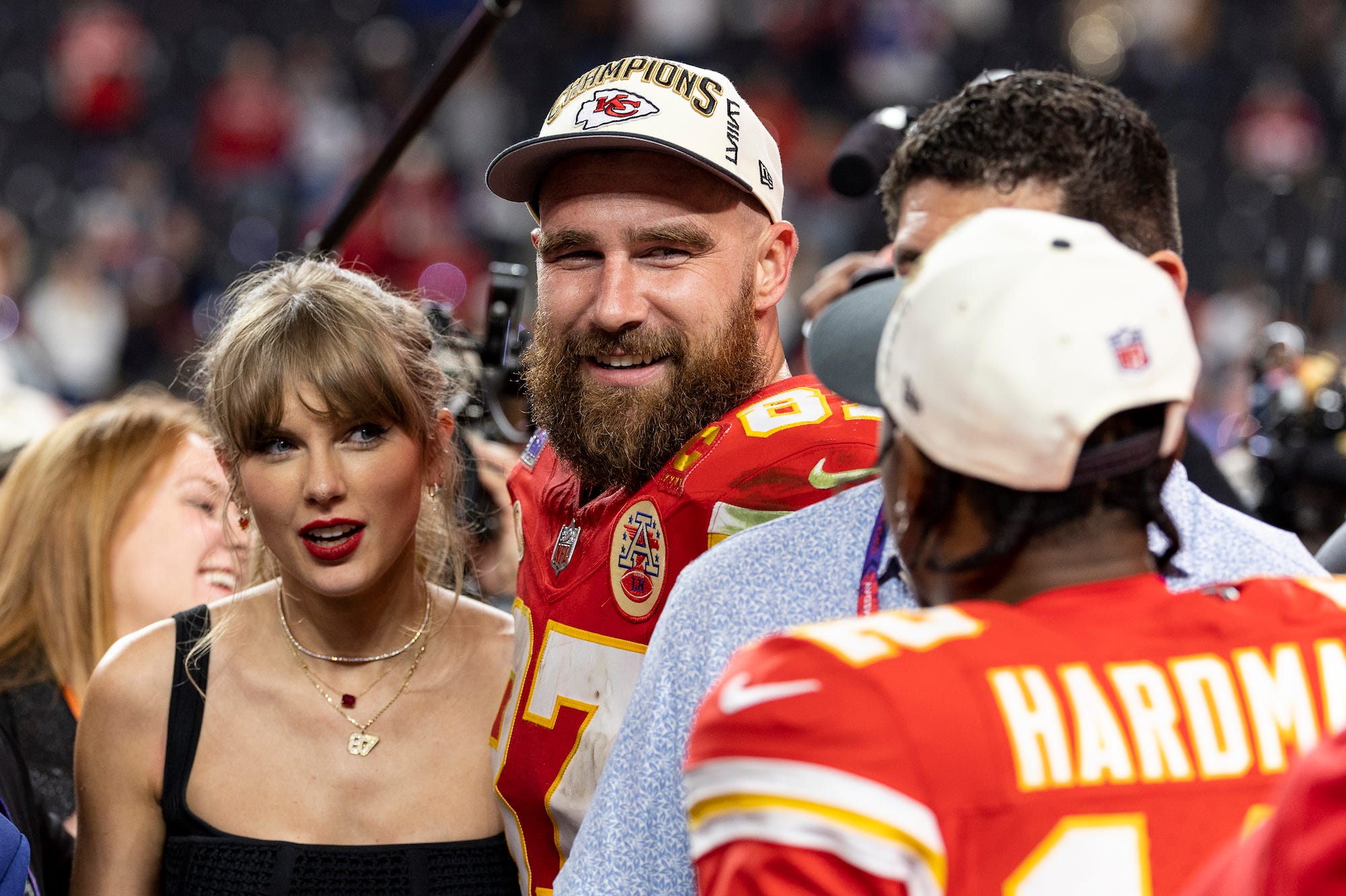 Taylor Swift and Travis Kelce at the 2024 Super Bowl.