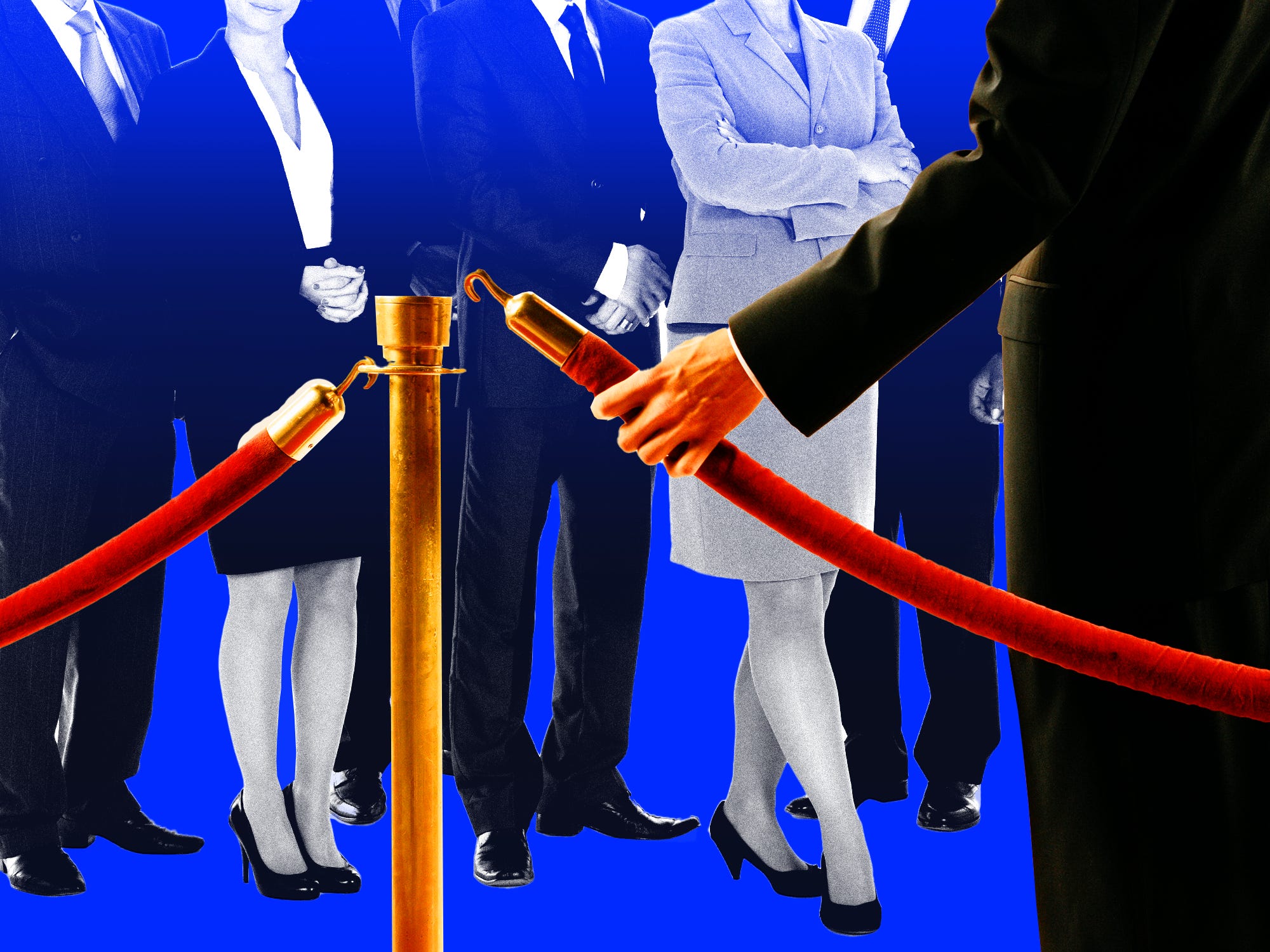 A group of executives are stopped by a bouncer and velvet rope