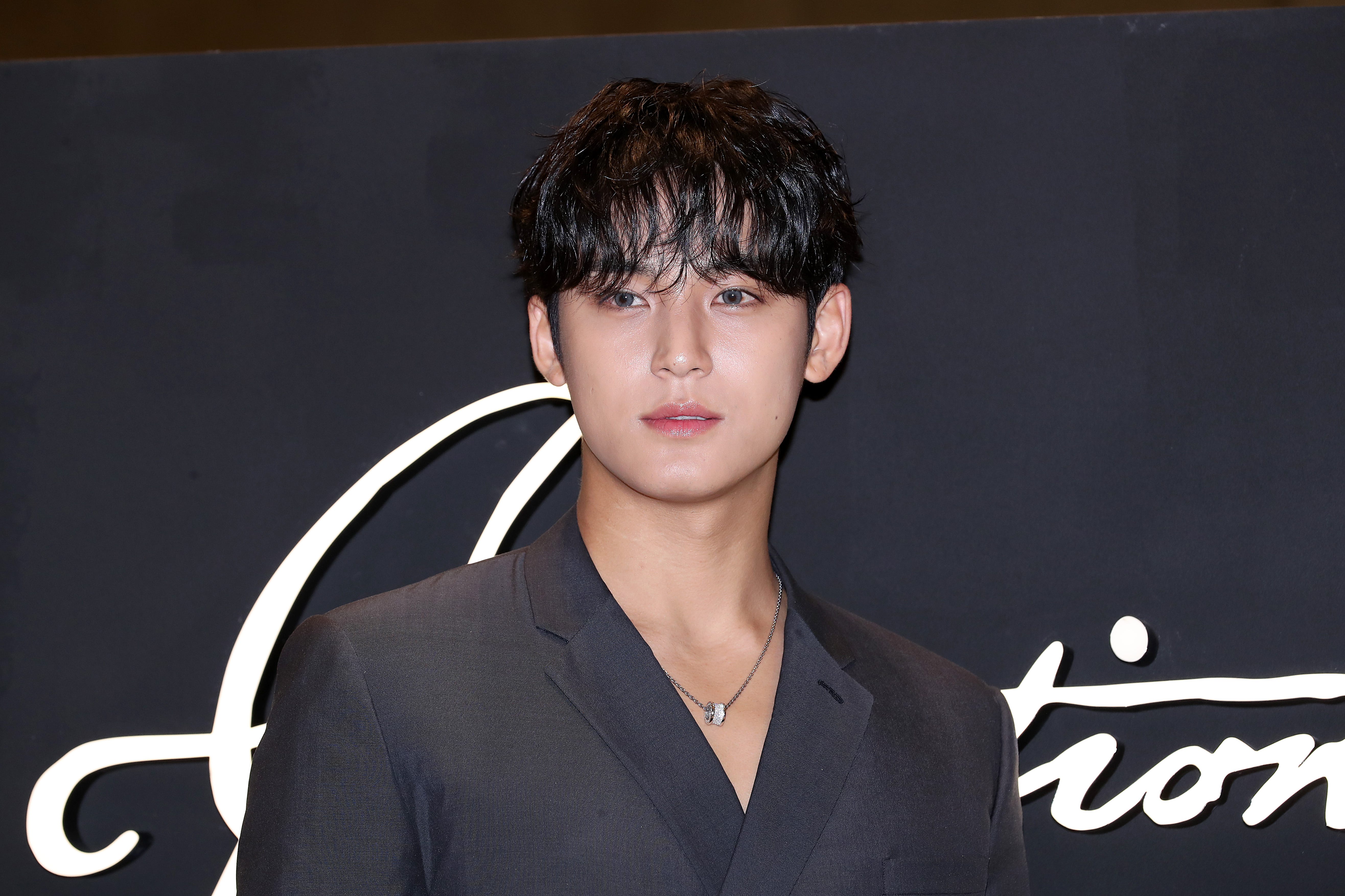 Mingyu of boy band Seventeen is seen at the MOET & CHANDON "Collection Imperiale Creation No. 1" pop-up store opening on July 11, 2024 in Seoul, South Korea.