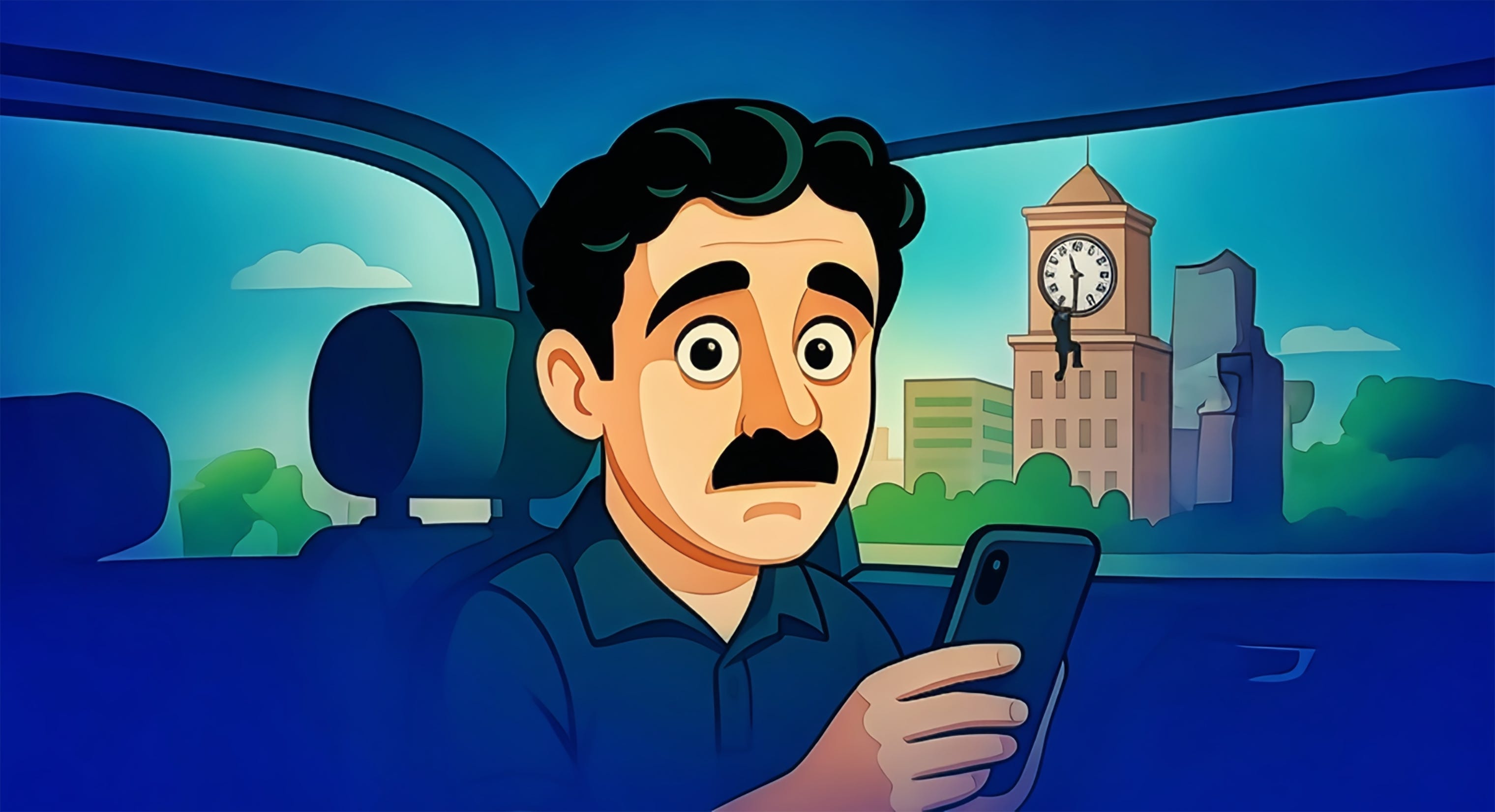 A screenshot from the Cherry Picker game shows Charles, the game's protagonist, sitting in a car holding a phone with a clocktower in the background