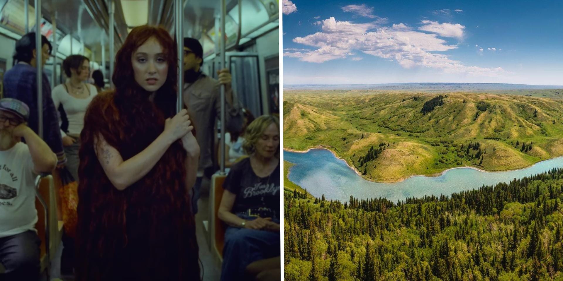 Chappell Roan in The Subway MV, and to the right, a beautiful photo of Saskatchewan.