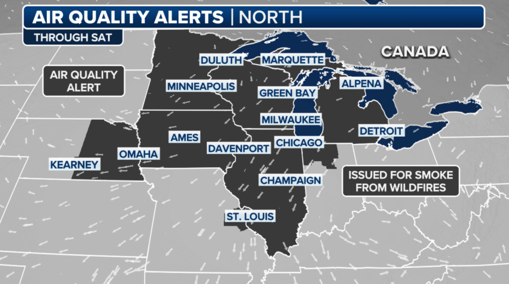 Air quality alert map showing smoke from wildfires affecting the Midwest and parts of Canada.