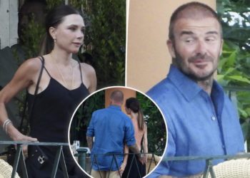 David and Victoria Beckham spotted cheekily grabbing each other during family dinner in Italy