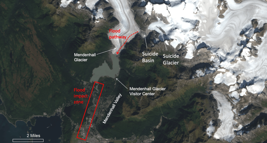 A satellite image showing where the flooding impact zone is below the Mendenhall Glacier and Suicide Basin flood.