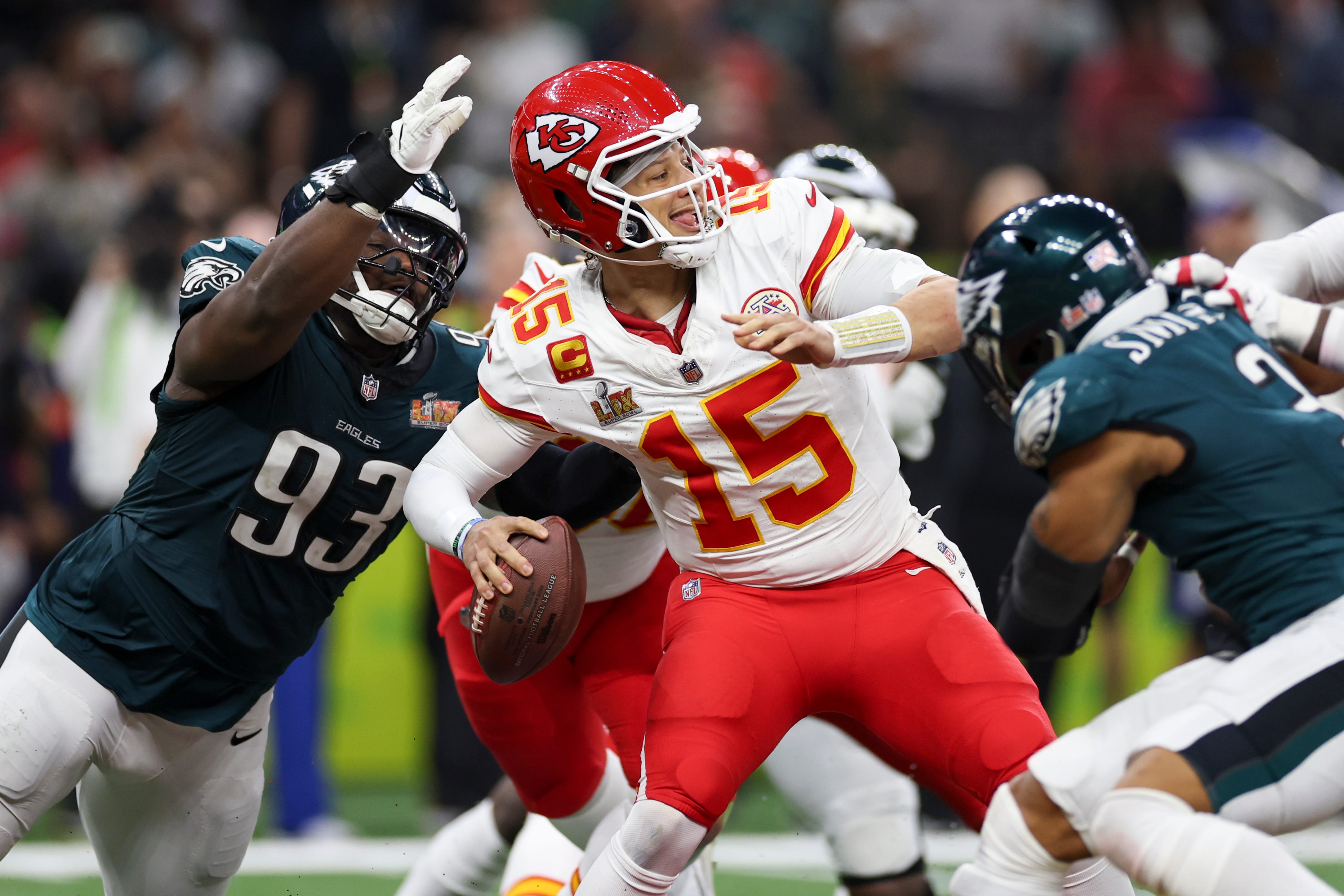 Kansas City Chiefs quarterback Pat Mahomes getting sacked by the Philadelphia Eagles during the 2025 Super Bowl