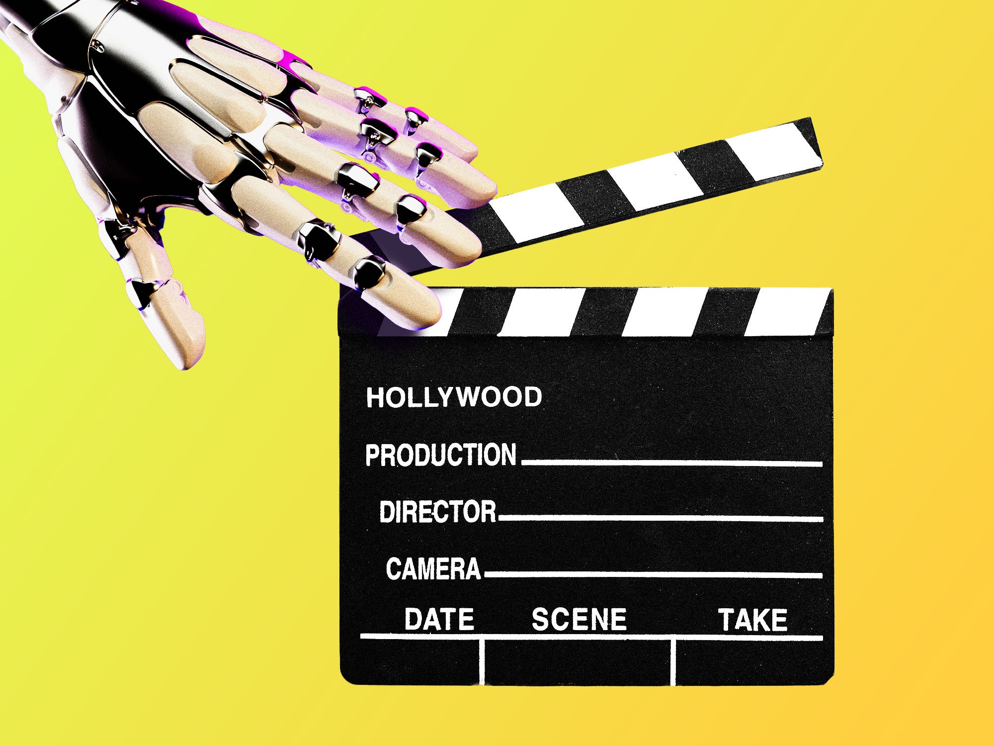 A robotic hand reaching for a clapboard