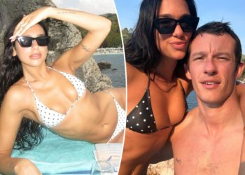 Dua Lipa flaunts her toned figure in skimpy polka dot bikini while posing with fiancé Callum Turner
