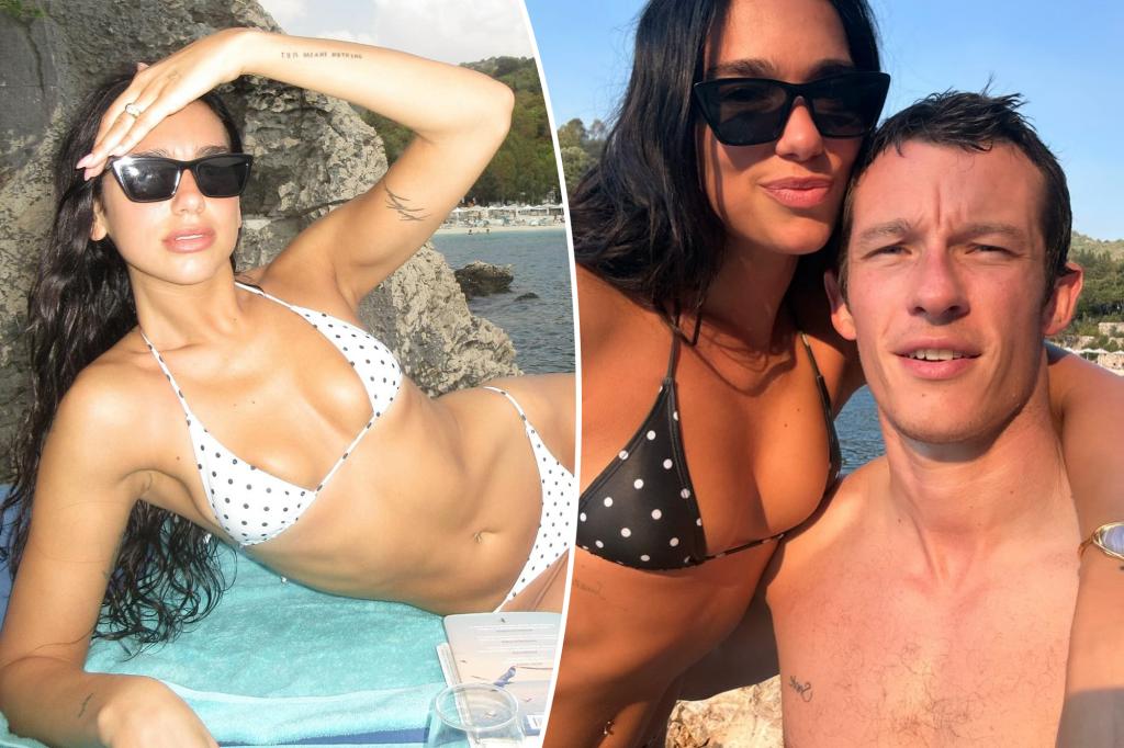 Dua Lipa flaunts her toned figure in skimpy polka dot bikini while posing with fiancé Callum Turner