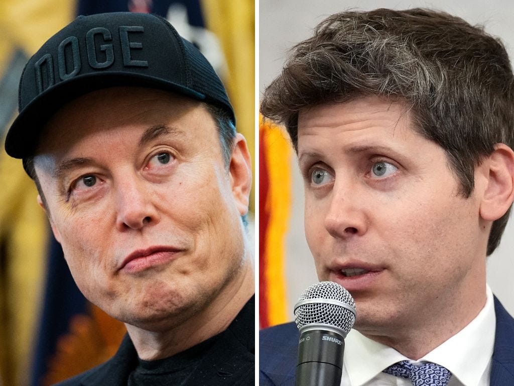 Elon Musk is wearing a cap labelled "DOGE" (left). Sam Altman is holding a microphone to speak (right).