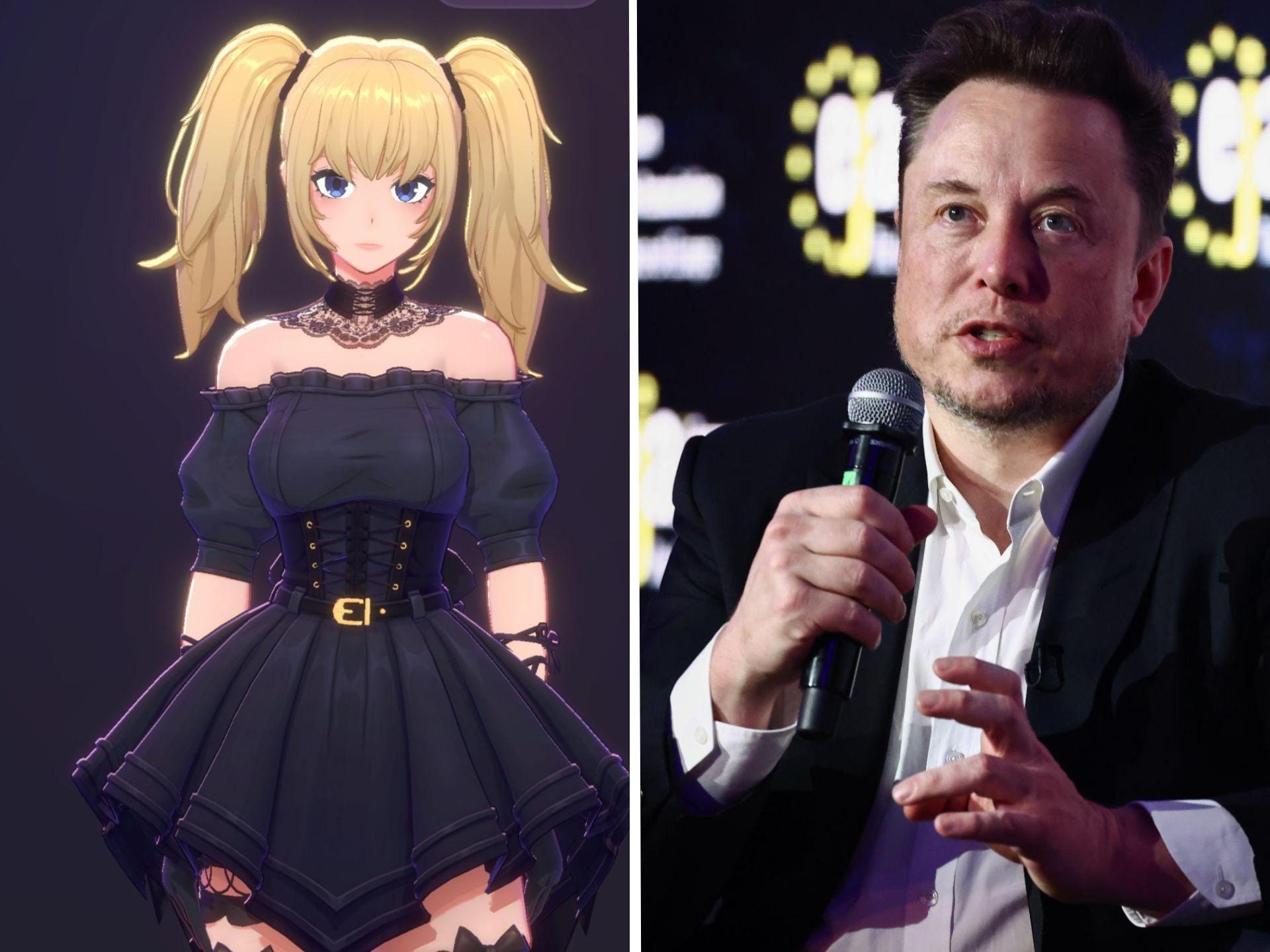 Ani the xAI companion and Elon Musk are pictured.