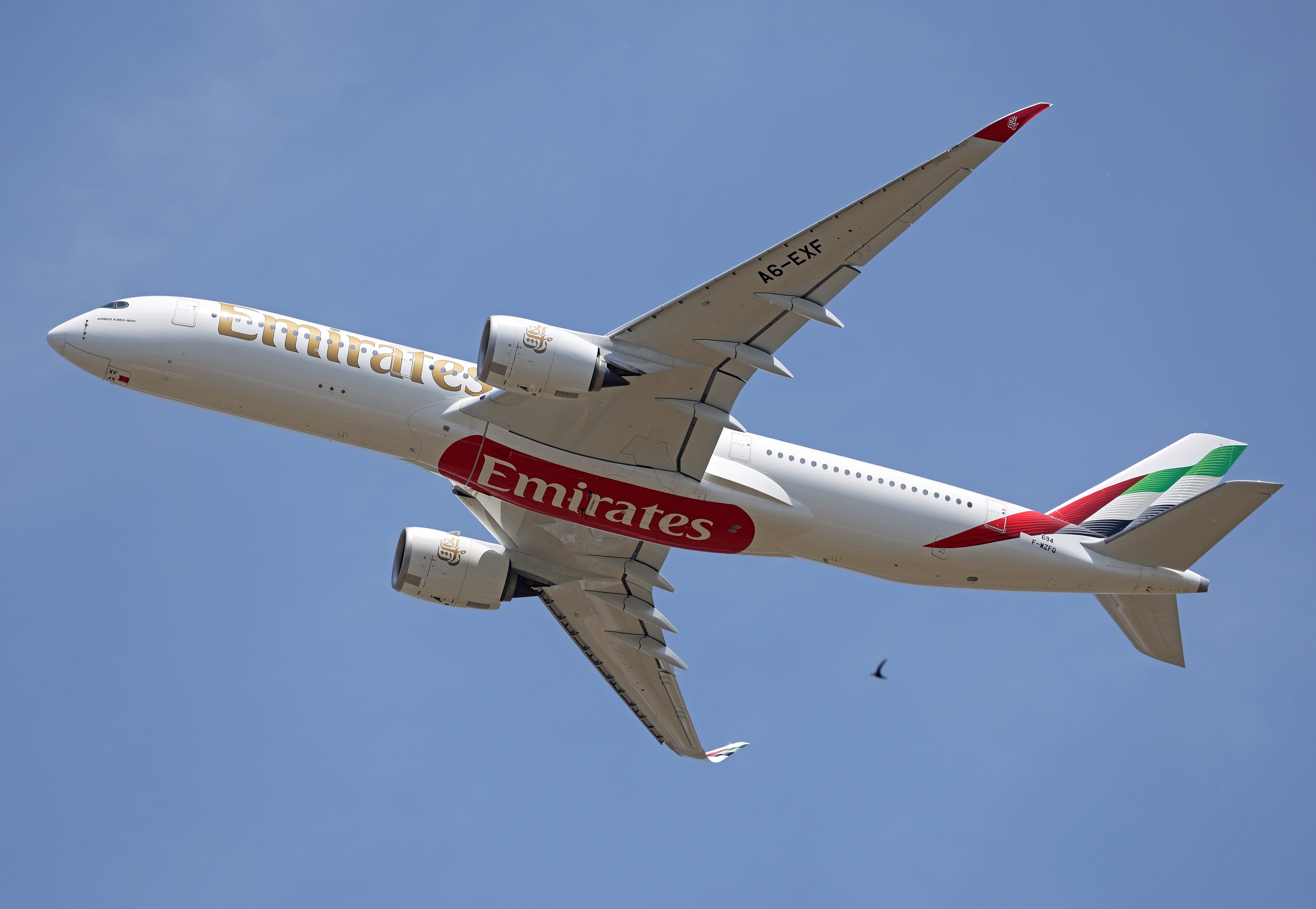 The sixth flight of the Emirates Airbus A350-941 takes place at Toulouse Blagnac Airport in Toulouse, France, on June 24, 2025